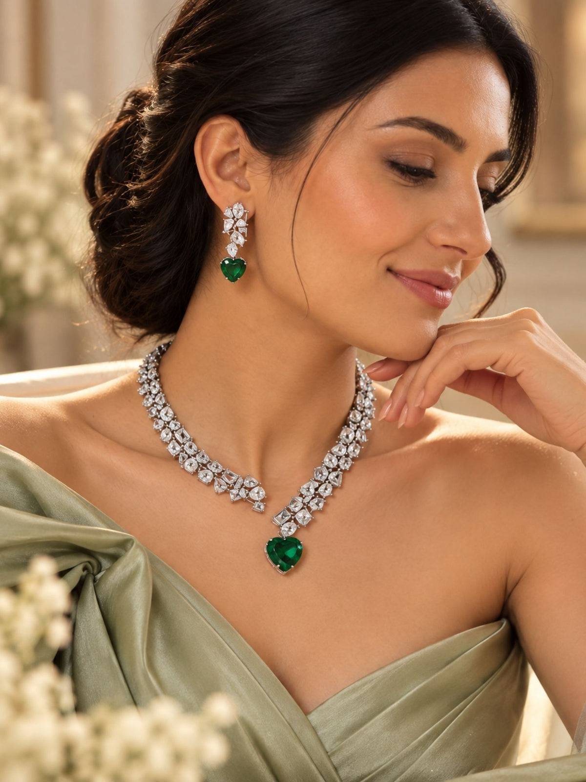 Silver Plated Green Heart AD Stone Necklace Set | Abdesigns Jewellery