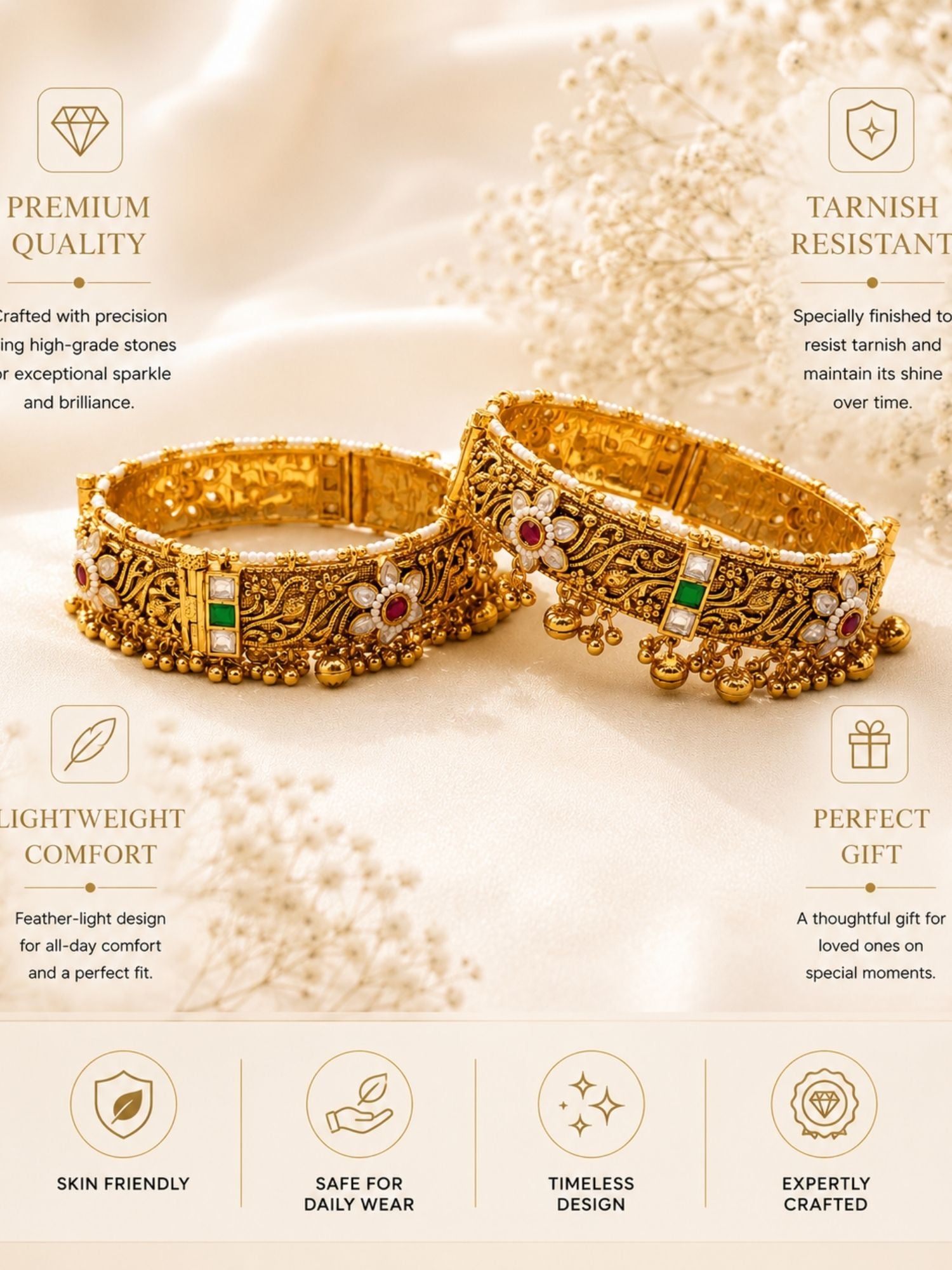 Antique Gold Ahmedabadi Jadau Kundan Ghungroo Bangles – Bridal | Abdesigns