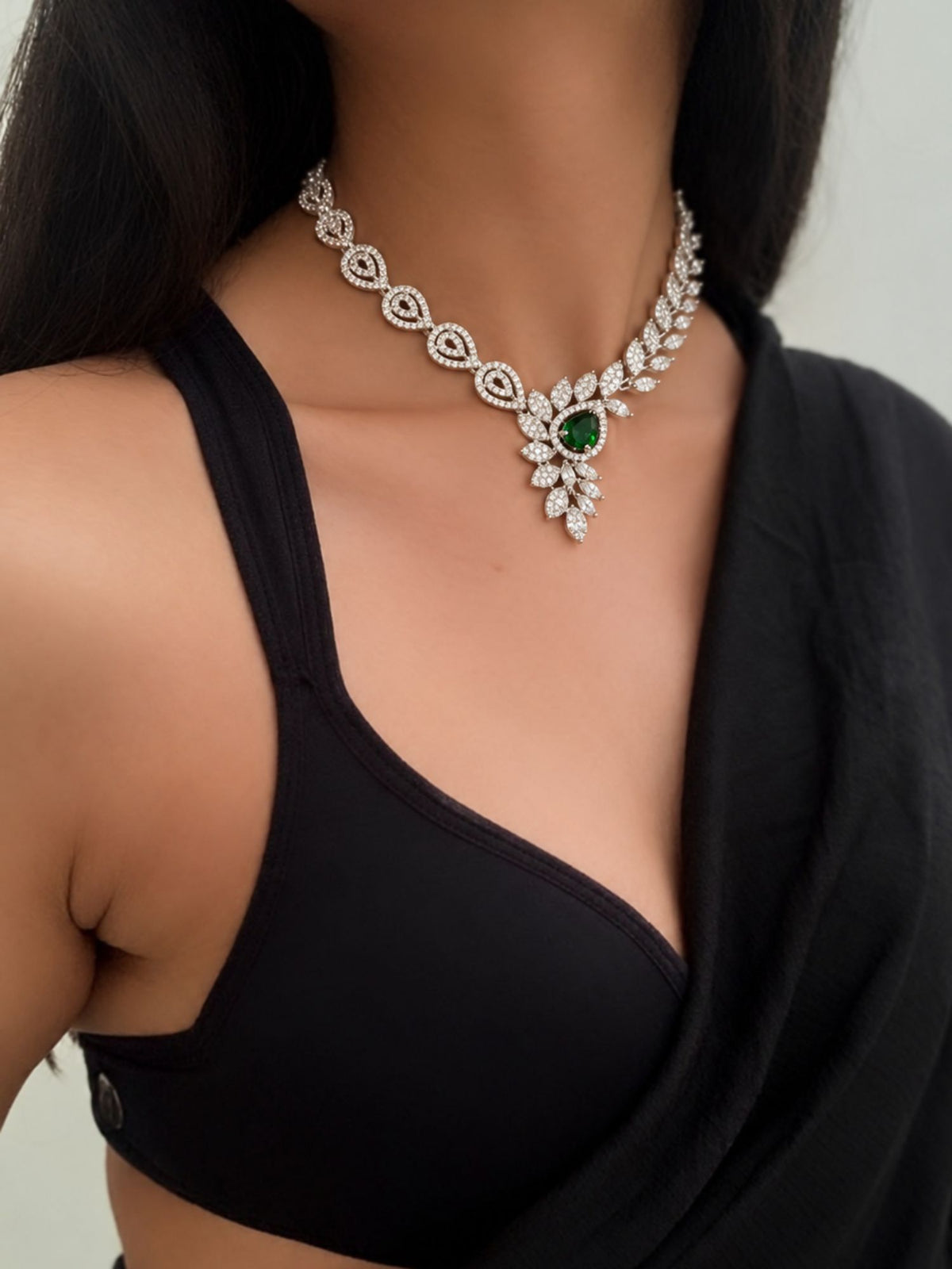 Silver Plated Green American Diamond Floral Necklace Set