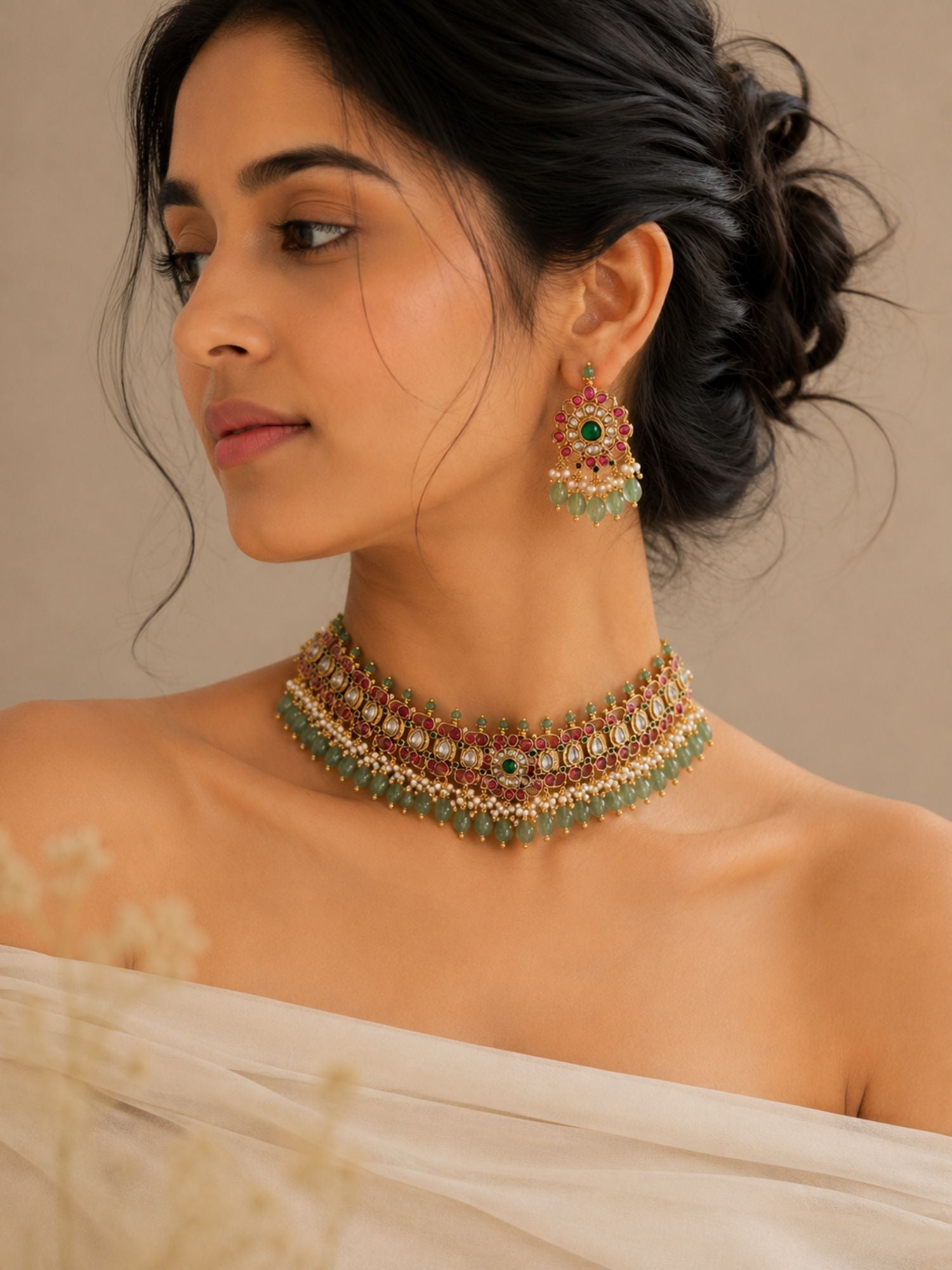 Abdesigns Kundan Kemp Stone Choker Green Bead Drops Necklace Set