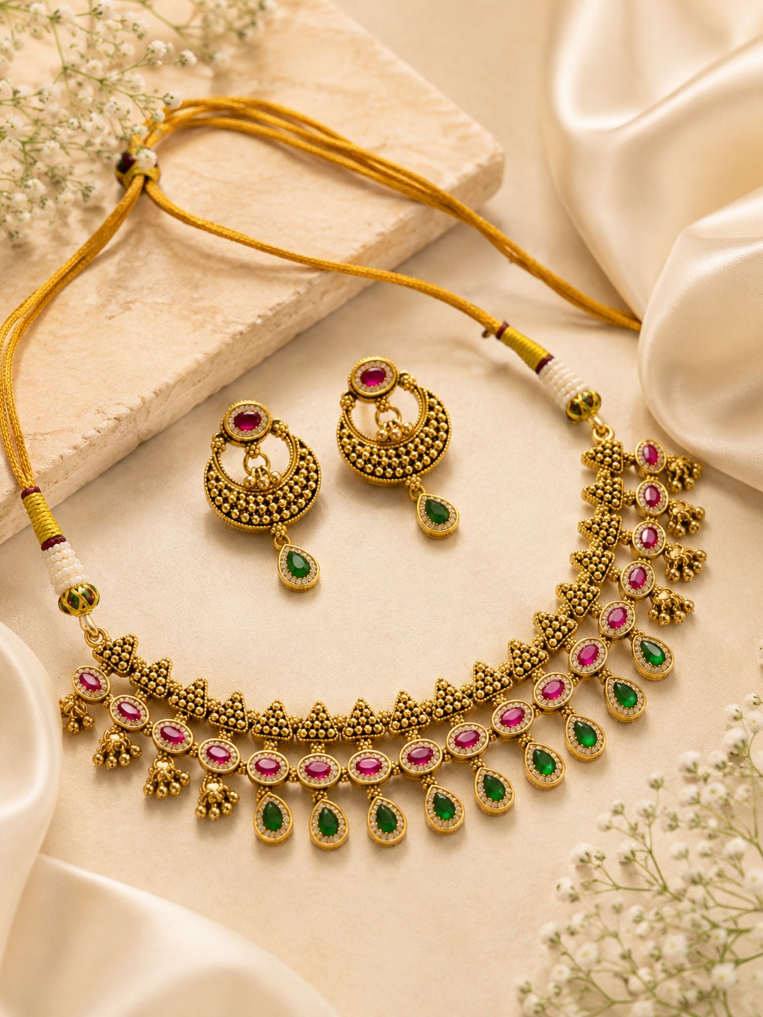 Antique Gold Plated Pink & Green Stone Temple Necklace Set