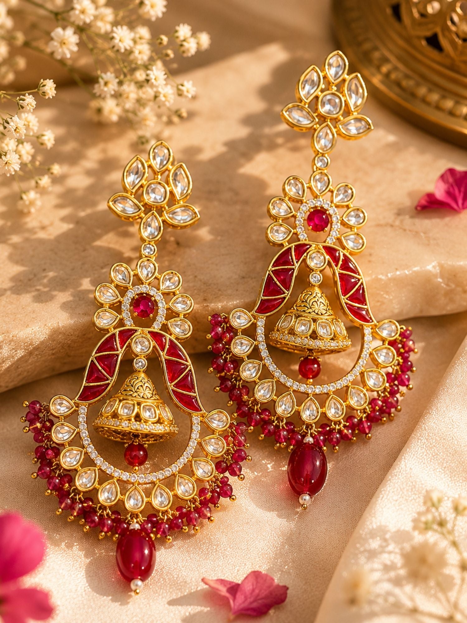 Red Kundan Chandbali Earrings in Gold Finish – Festive Wear | Abdesigns Jewellery