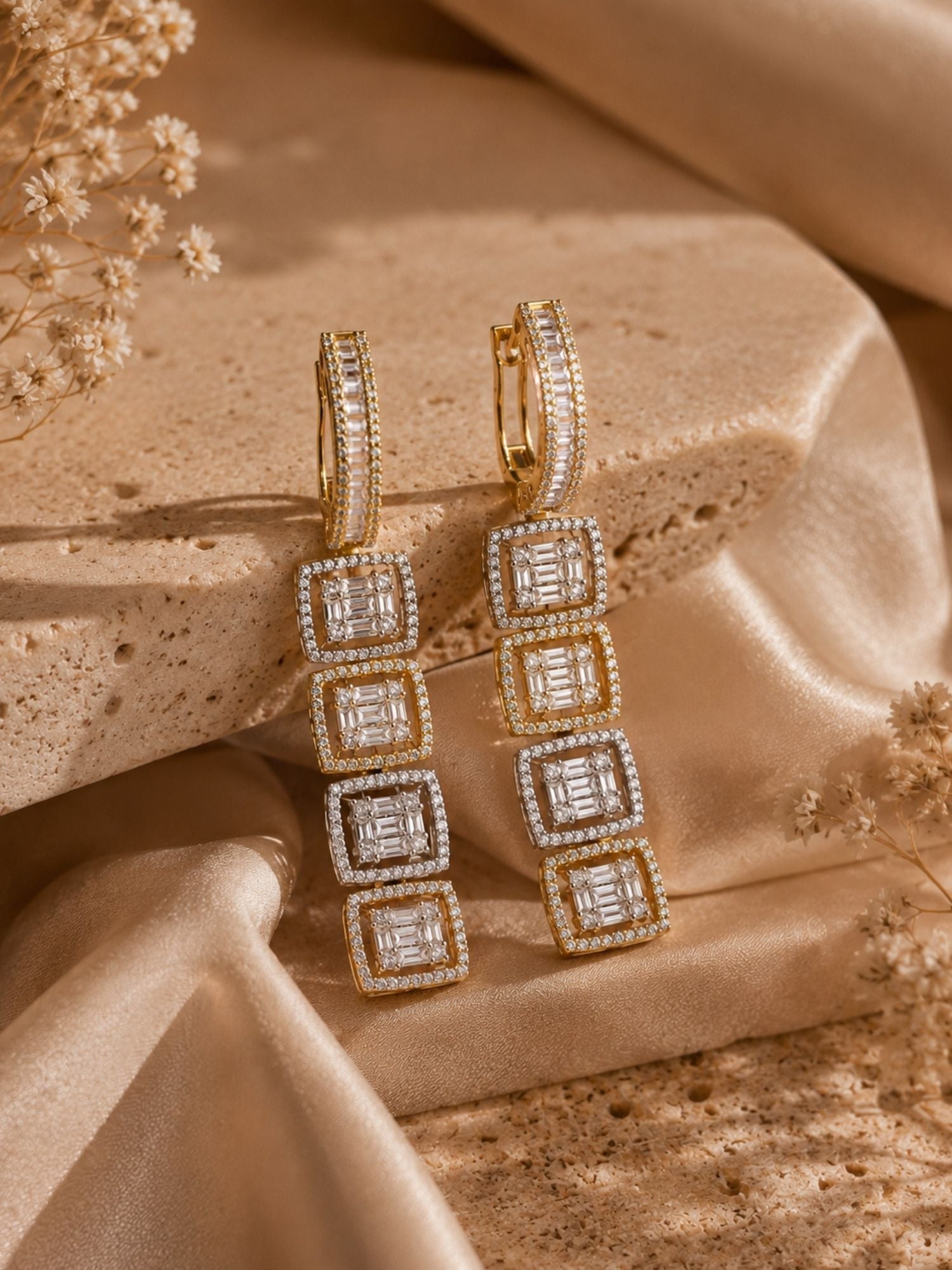 Geometric CZ Drop Earrings in Dual Tone Finish – Party Wear - earrings by Abdesigns Jewellery