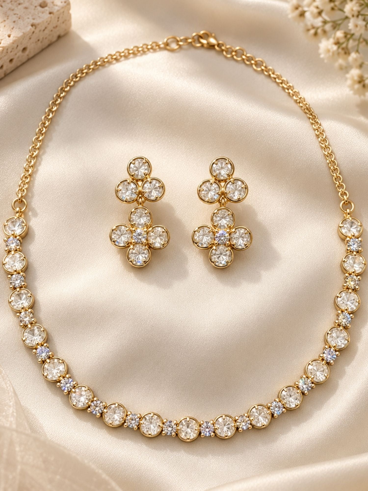 Gold Plated Kundan Polki Floral Necklace Set with Earrings