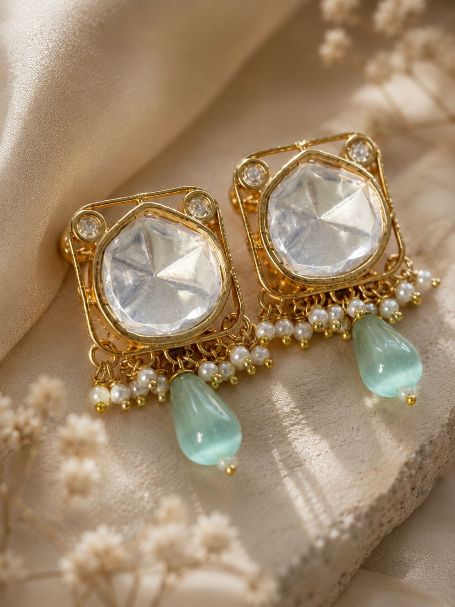 Gold Plated Kundan Polki Pearl Mint Green Bead Statement Earrings for Women