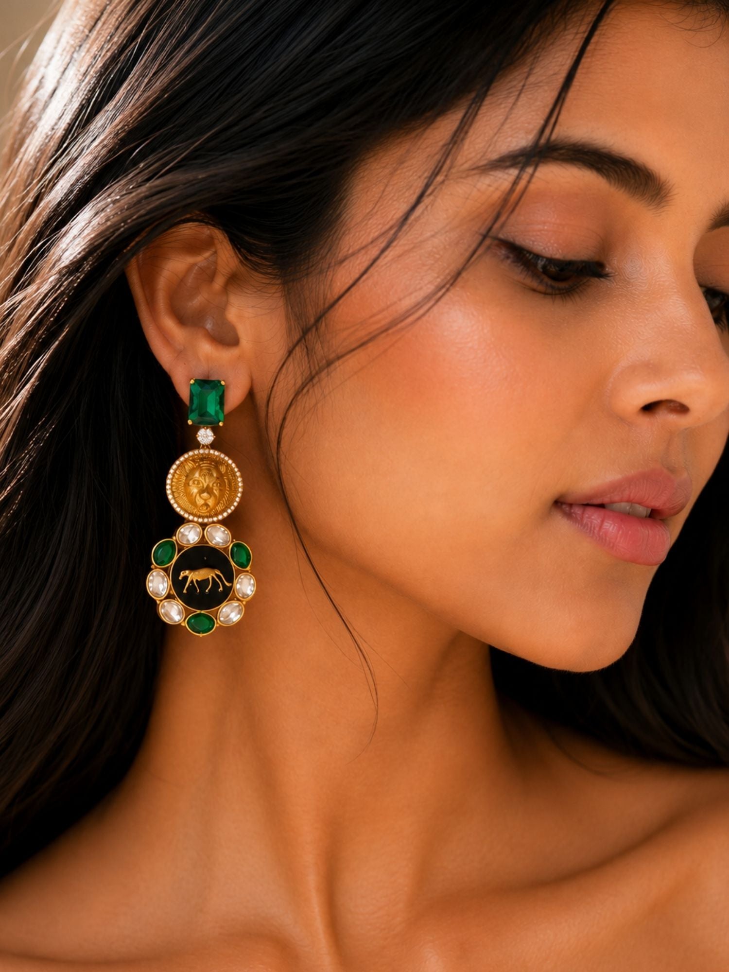 Statement Lion Tiger CZ Drop Earrings in Gold Plating | Abdesigns