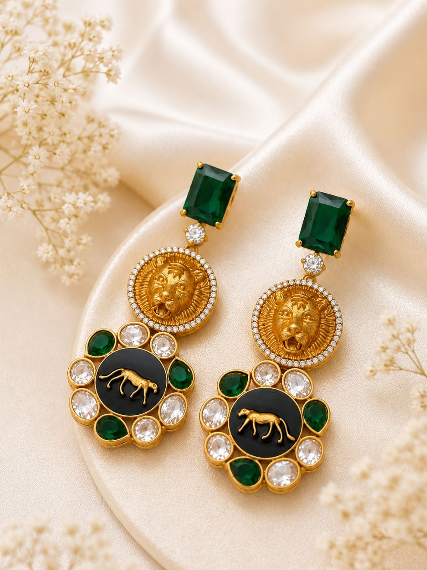 Statement Lion Tiger CZ Drop Earrings in Gold Plating | Abdesigns