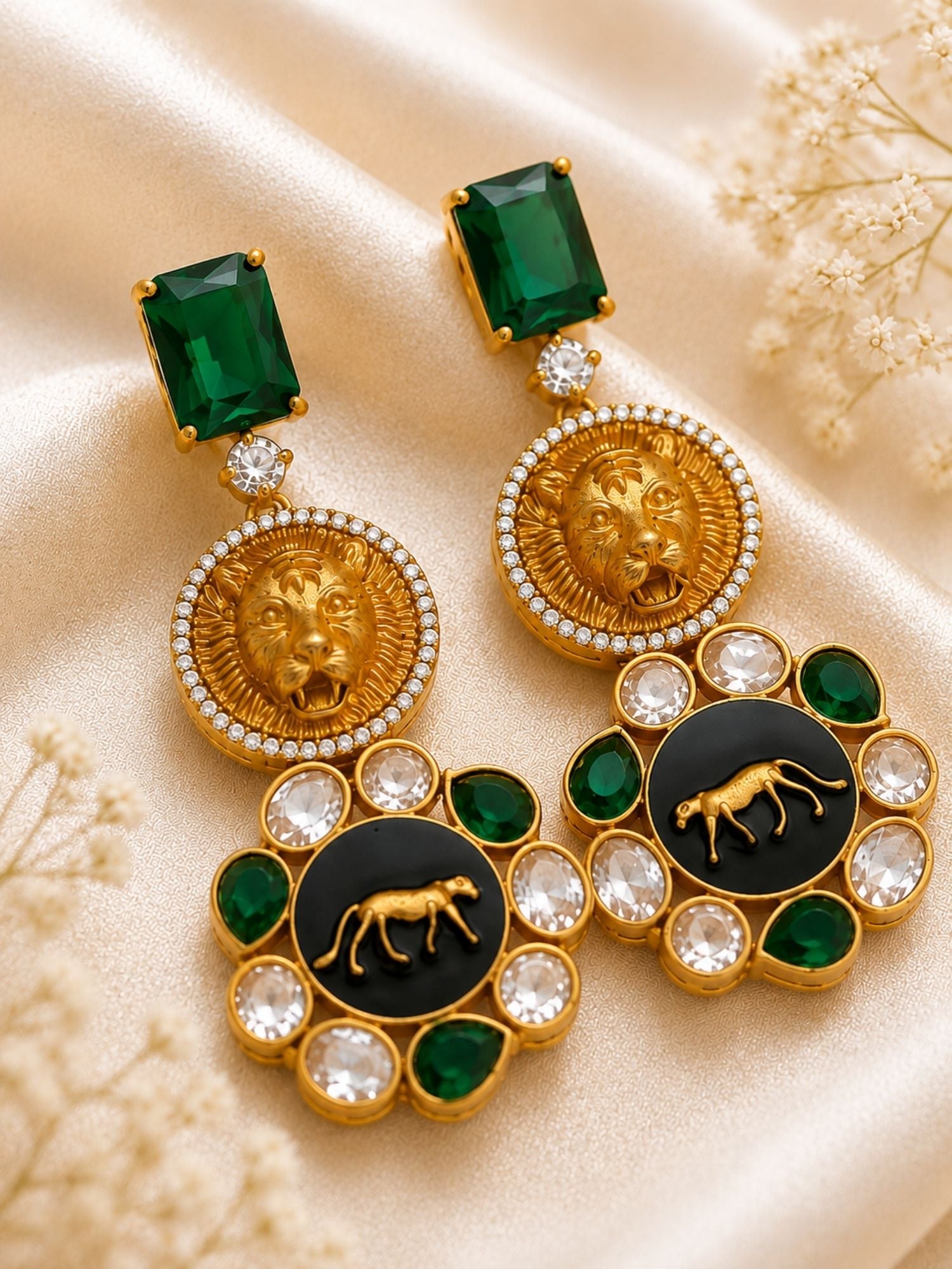 Statement Lion Tiger CZ Drop Earrings in Gold Plating | Abdesigns