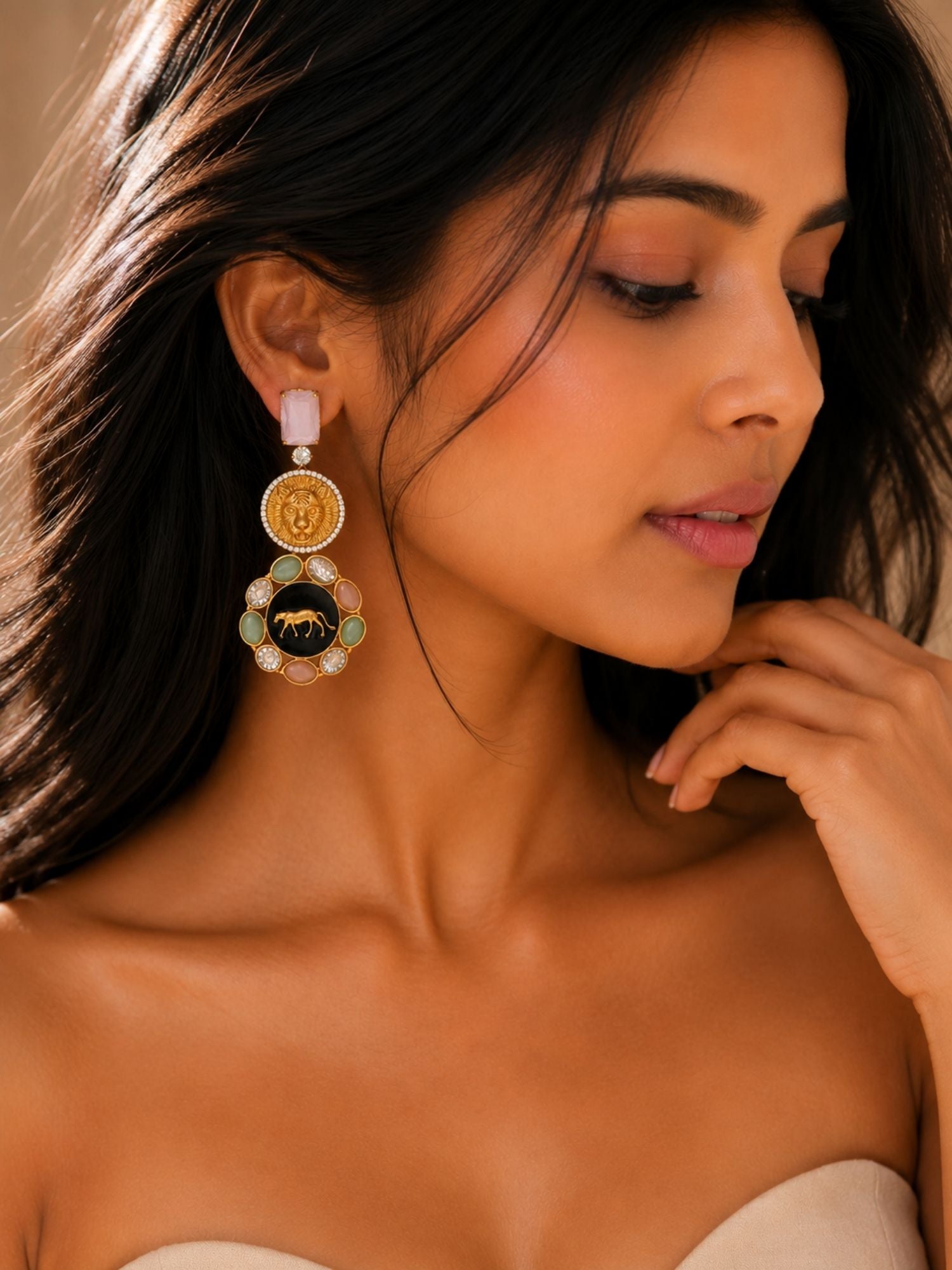 Statement Lion Tiger CZ Drop Earrings in Gold Plating | Abdesigns