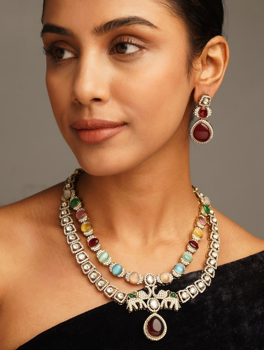 Multicolour Gold Plated Polki Layered Elephant Bridal Necklace