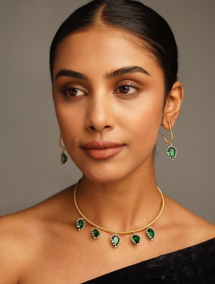 Gold Plated Statement Emerald Green Hasli Necklace Set