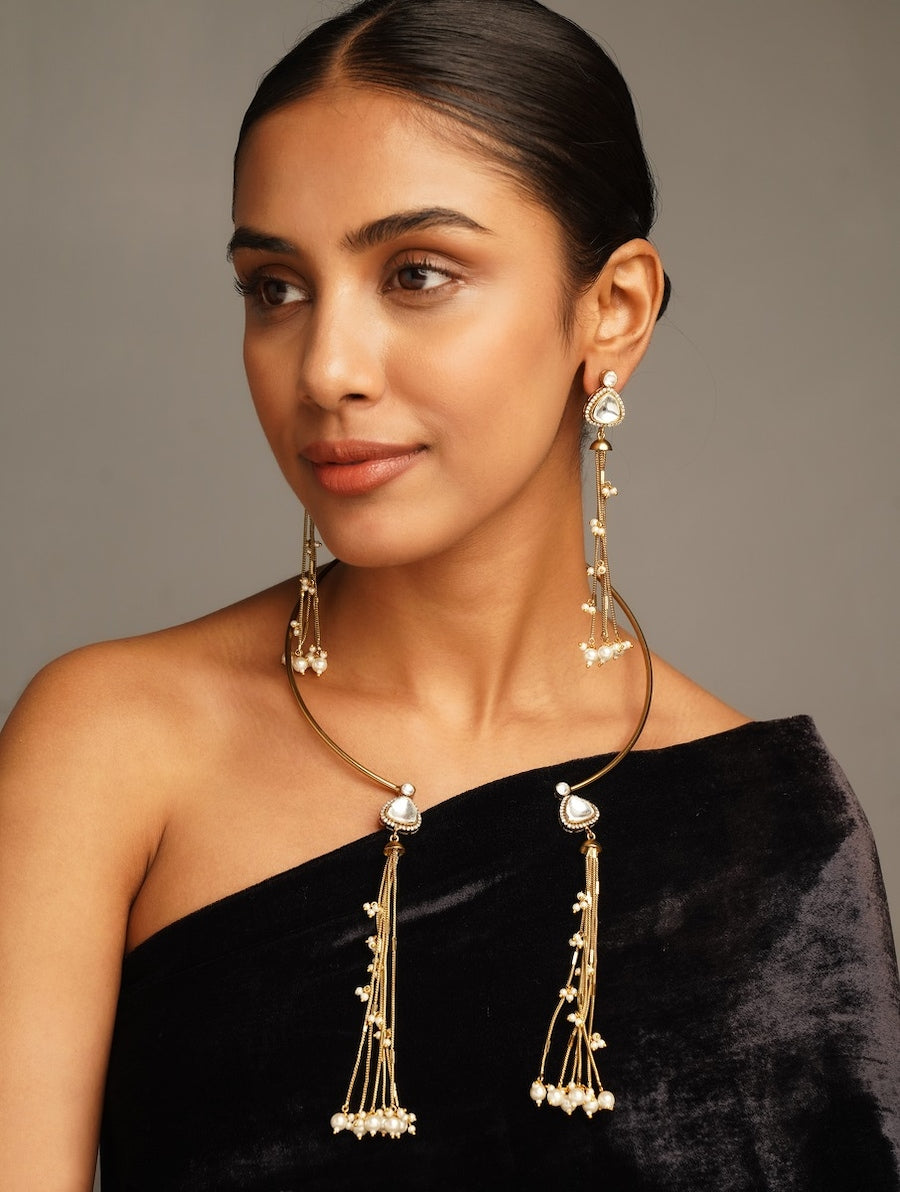 Gold Plated Polki Pearl Drop Hasli Necklace