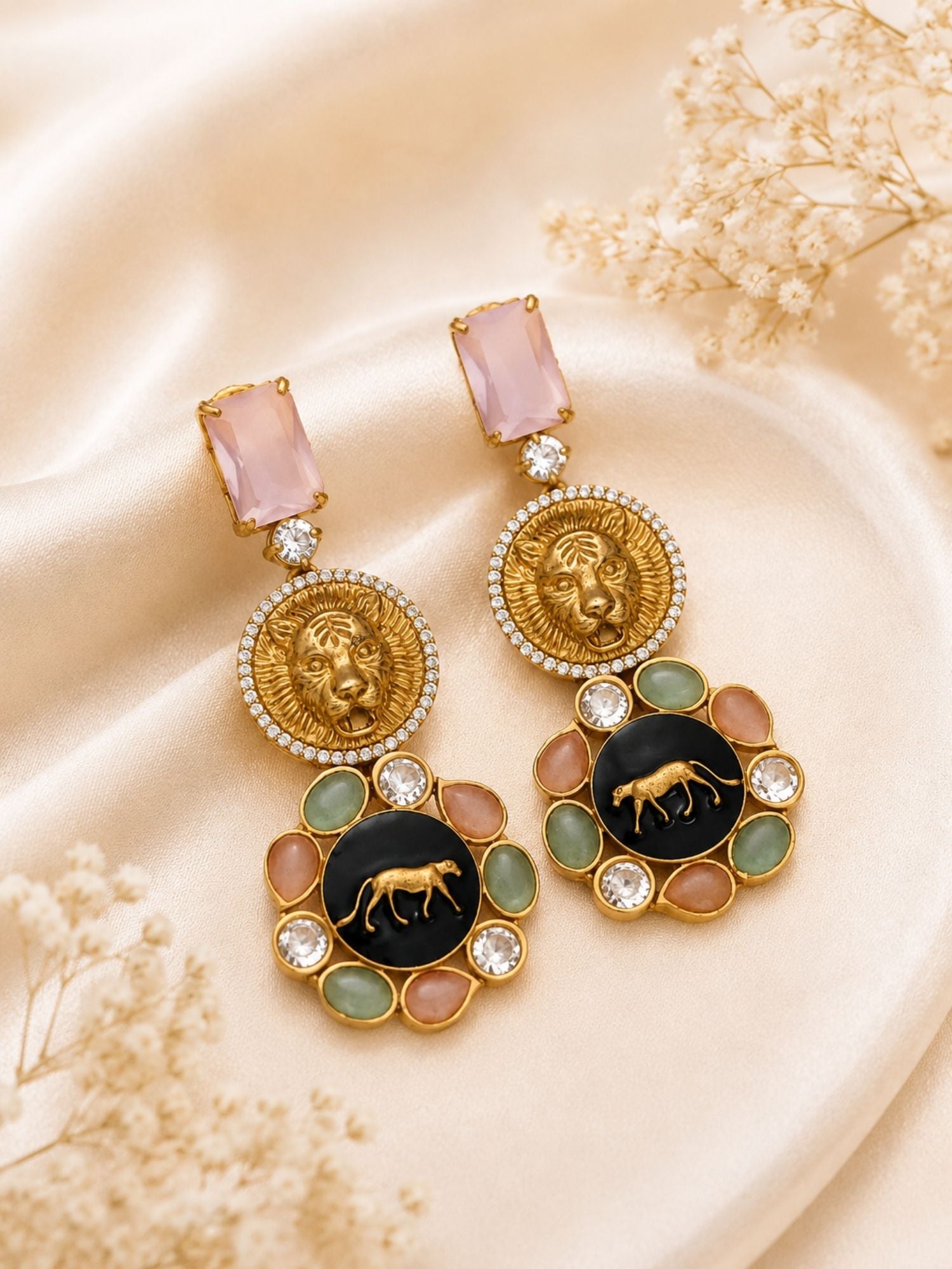 Statement Lion Tiger CZ Drop Earrings in Gold Plating | Abdesigns