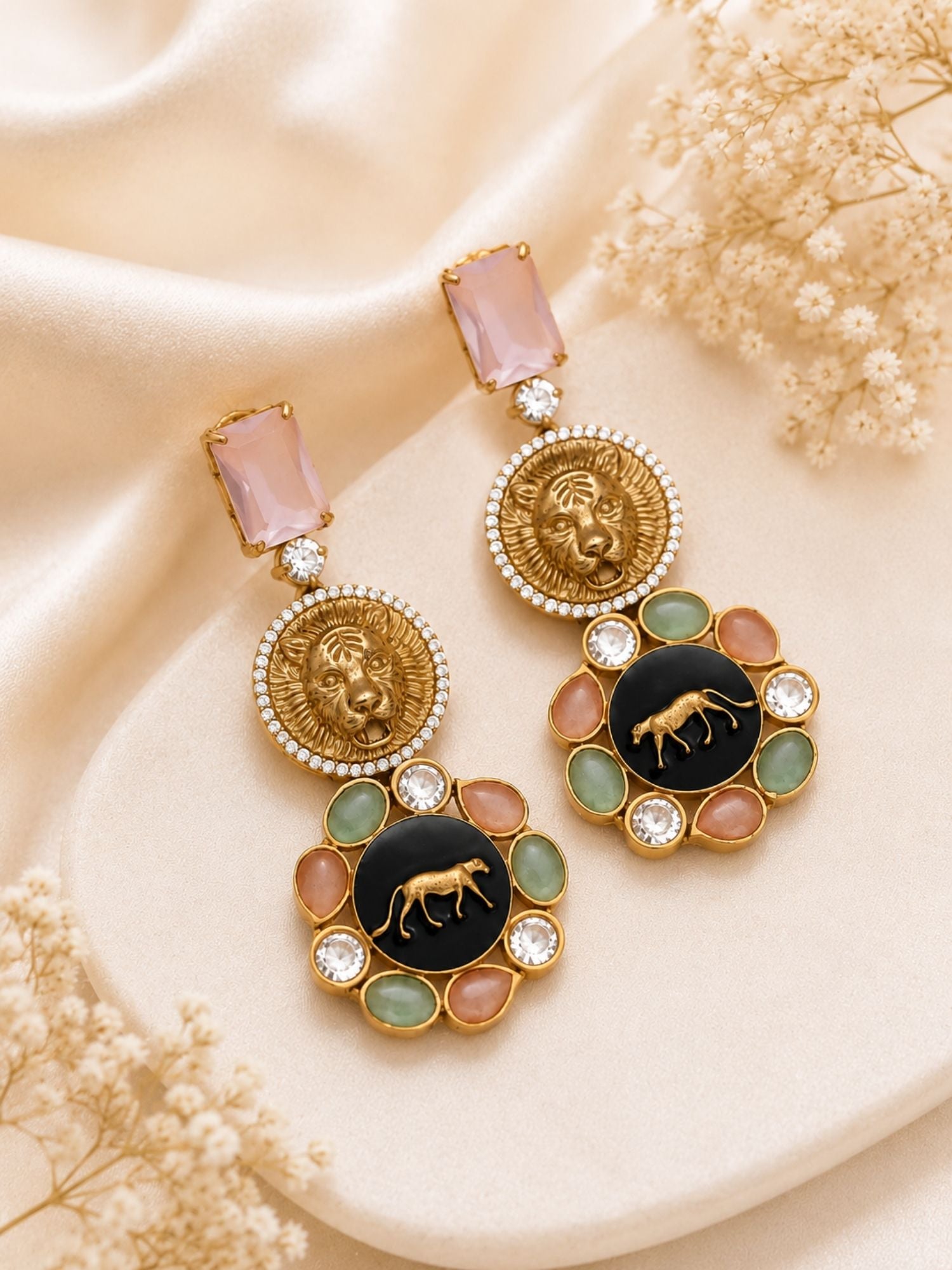 Statement Lion Tiger CZ Drop Earrings in Gold Plating | Abdesigns