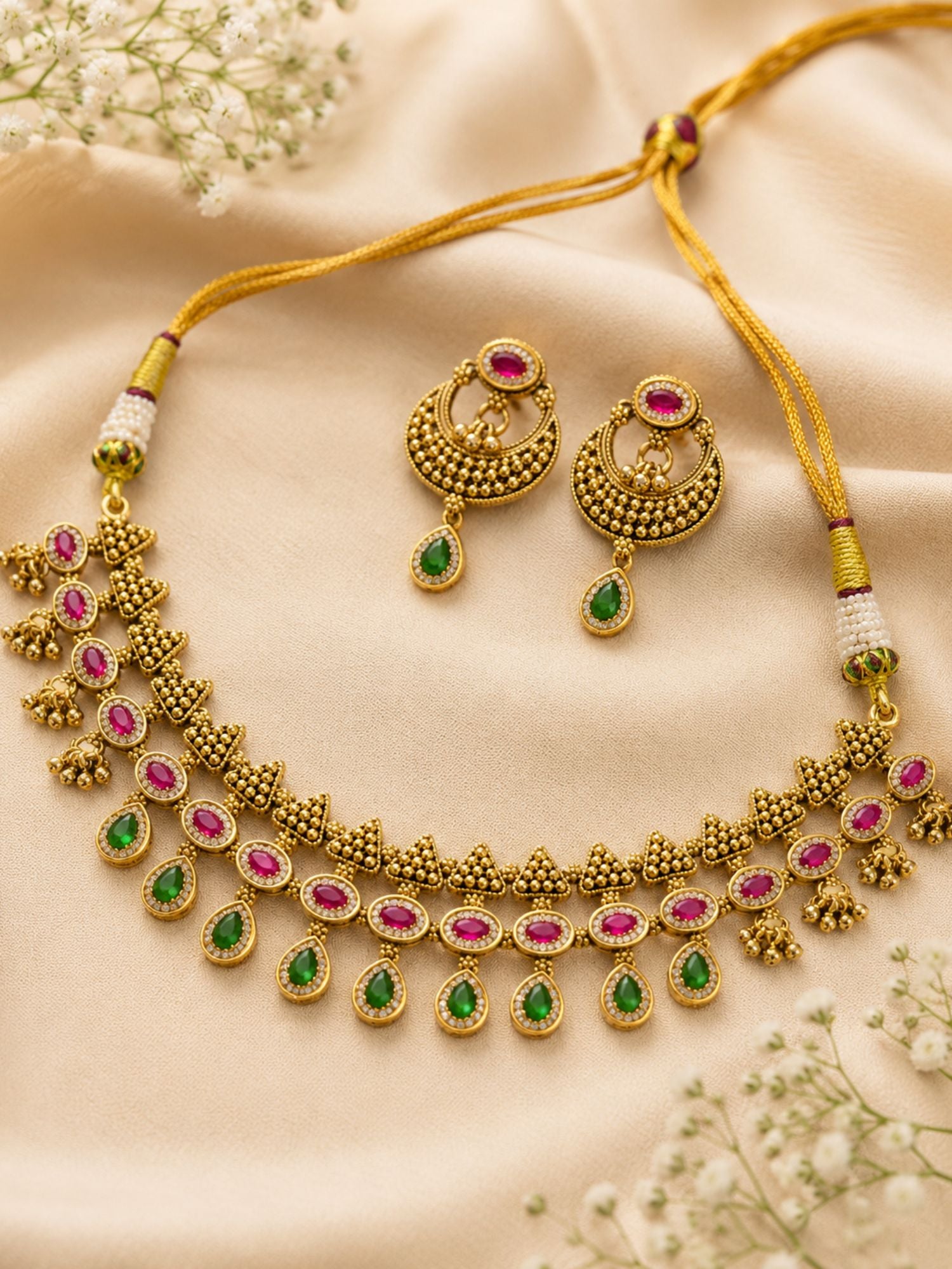 Antique Gold Plated Pink & Green Stone Temple Necklace Set