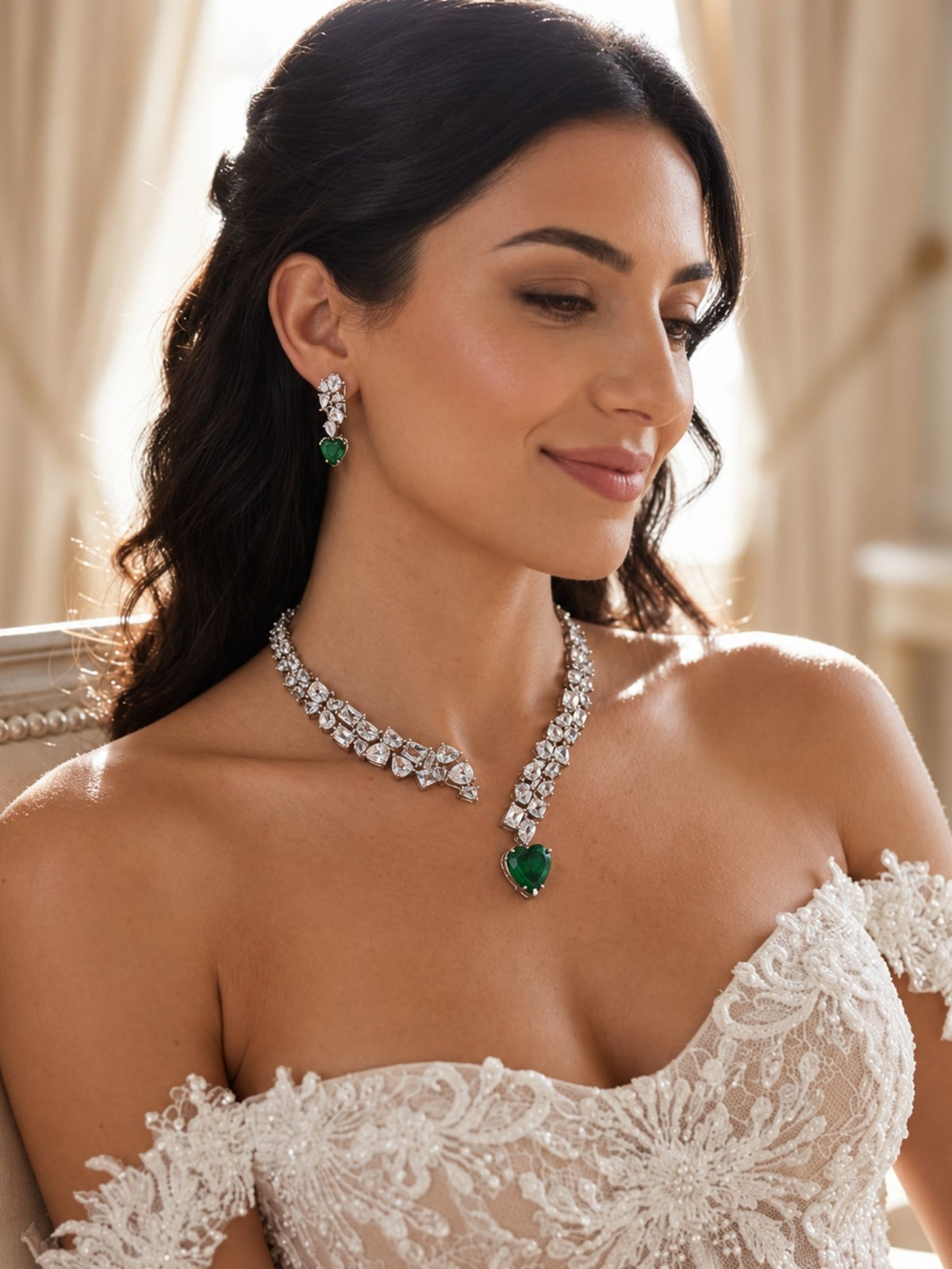 Silver Plated Green Heart AD Stone Necklace Set | Abdesigns Jewellery