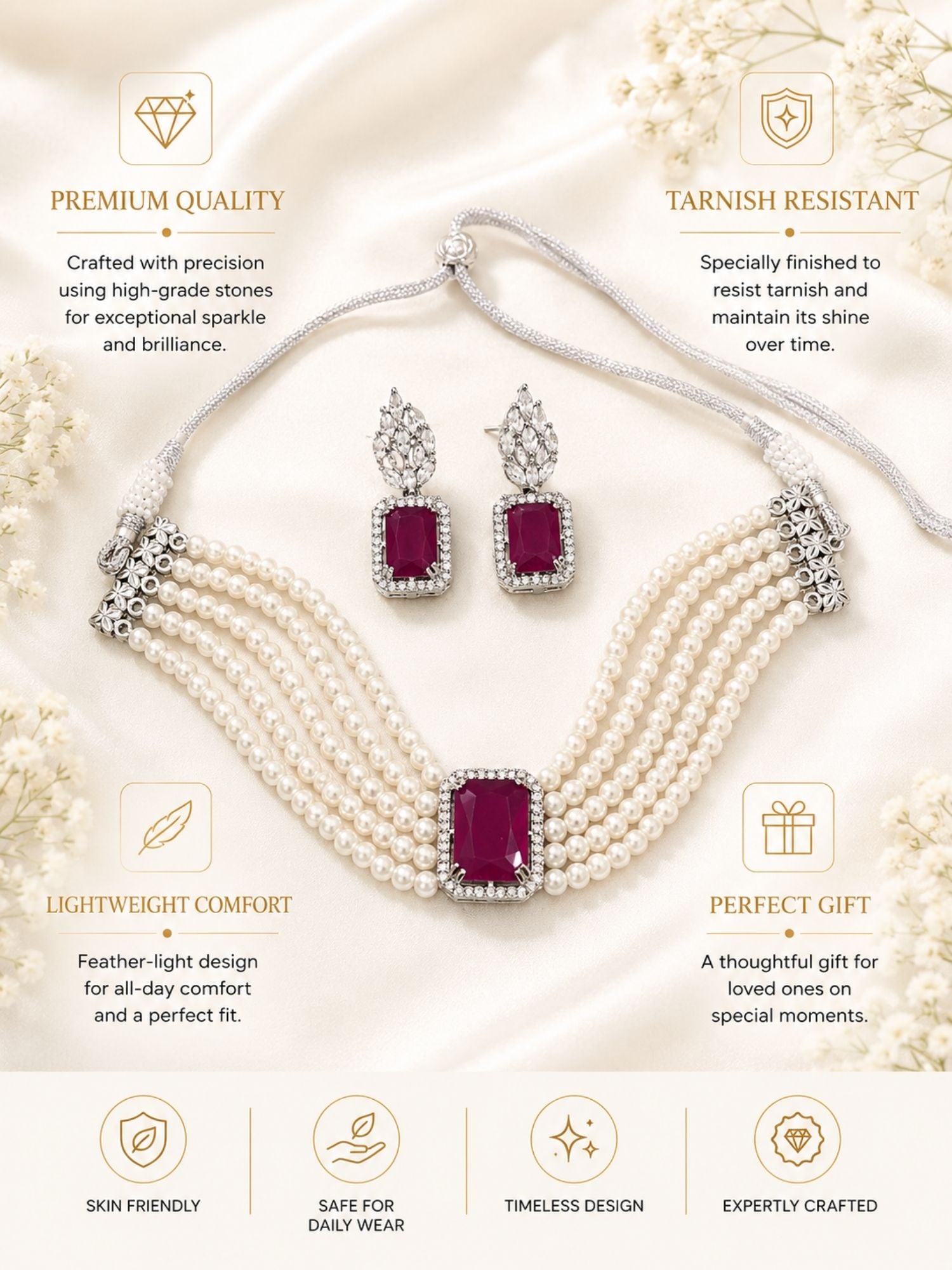Ruby Pearl Choker Set in Silver Plating – Bridal | Abdesigns