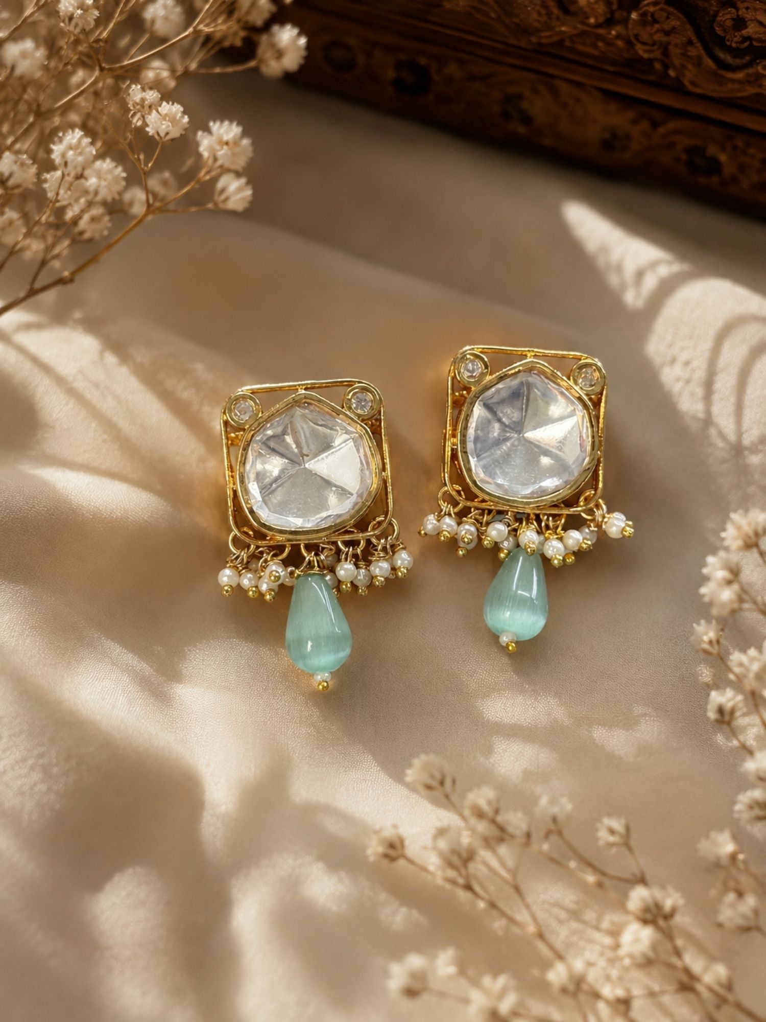 Gold Plated Kundan Polki Pearl Mint Green Bead Statement Earrings for Women