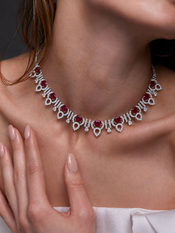 Silver Plated Ruby Pink AD Stone Necklace Set