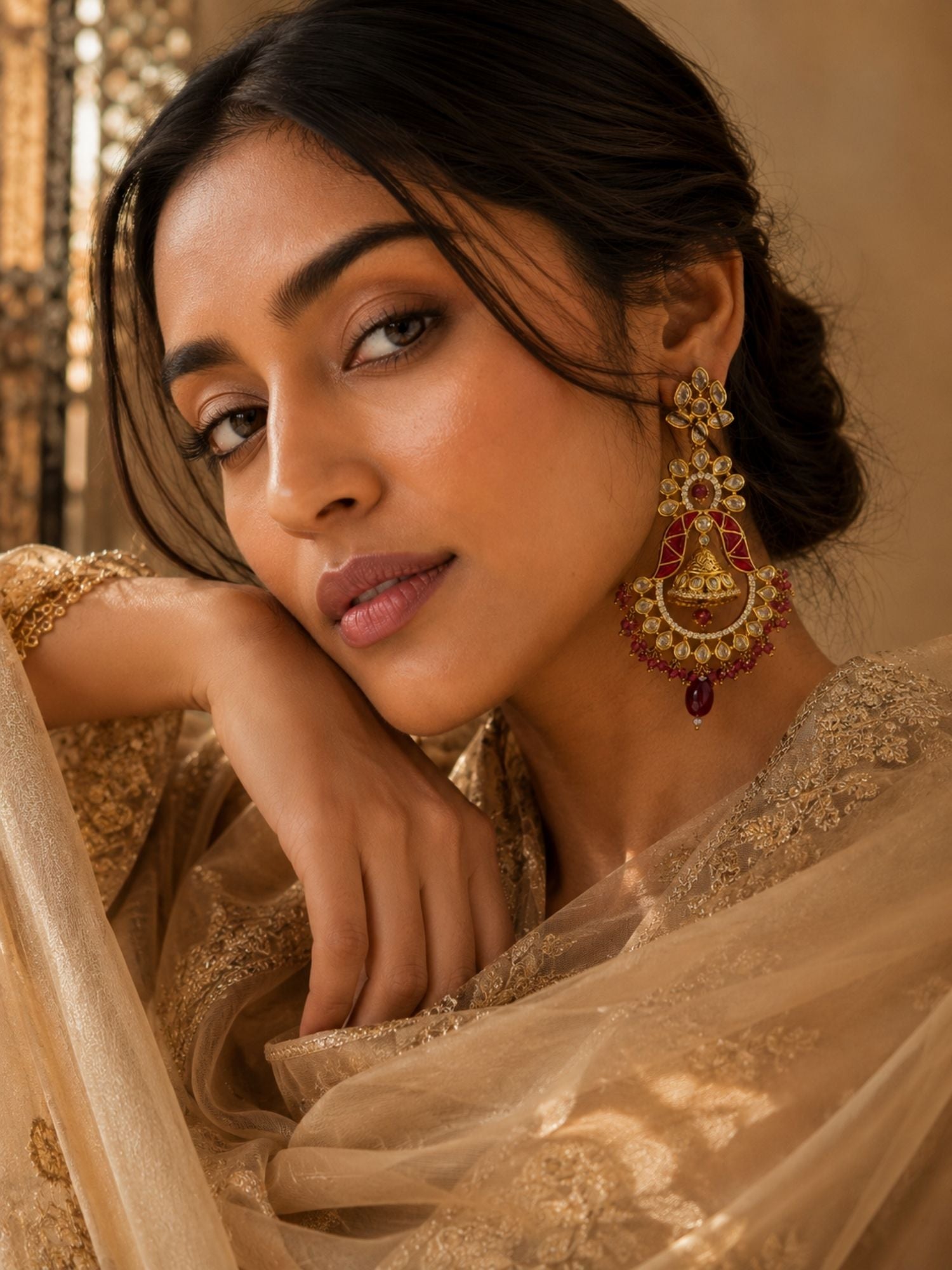 Red Kundan Chandbali Earrings in Gold Finish – Festive Wear | Abdesigns Jewellery