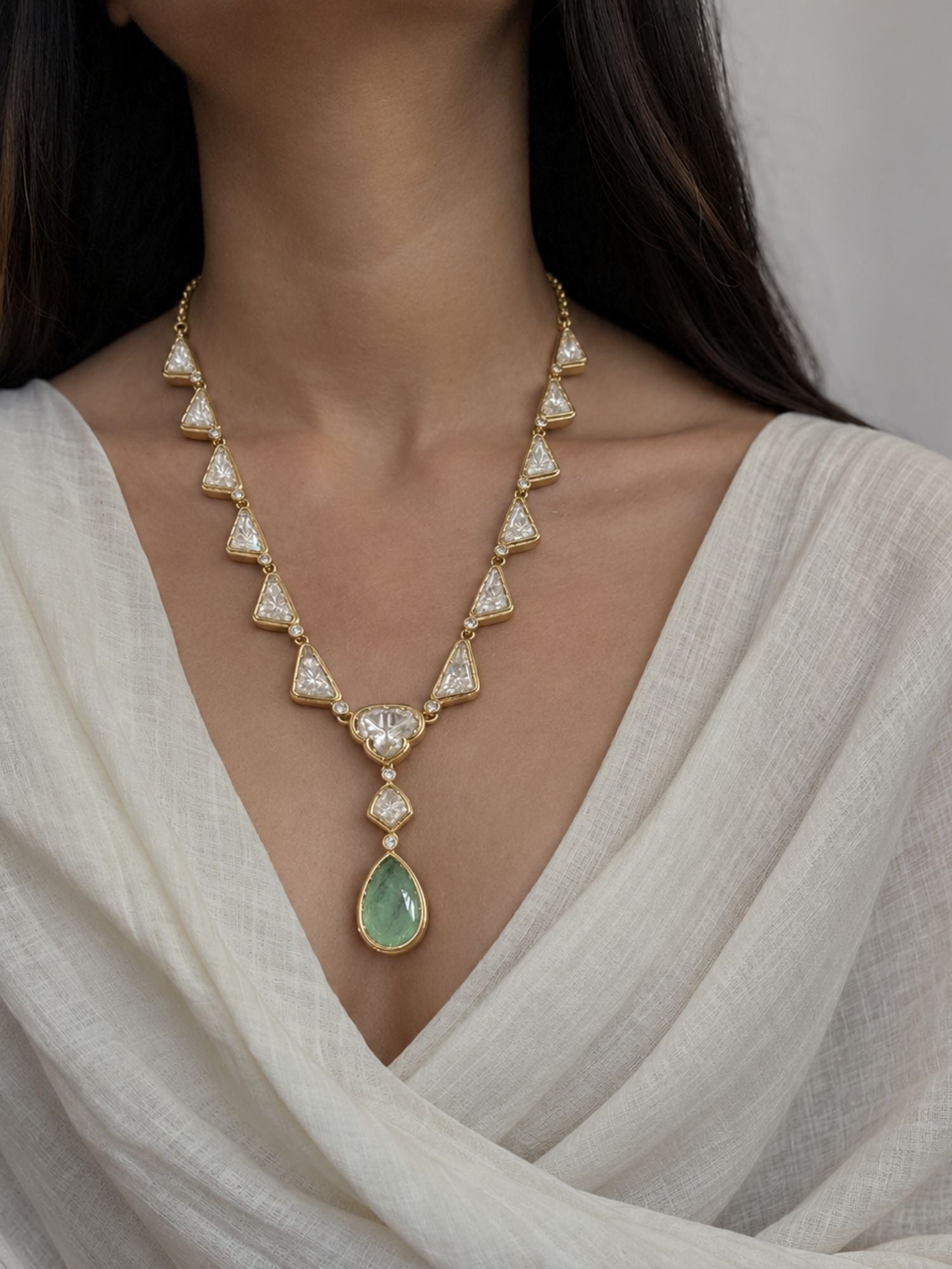 Gold Plated Kundan Polki Mint Green Drop Necklace Set with Earrings