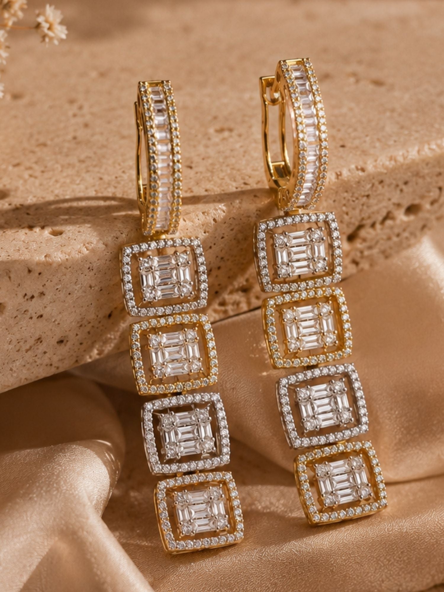Geometric CZ Drop Earrings in Dual Tone Finish – Party Wear - earrings by Abdesigns Jewellery
