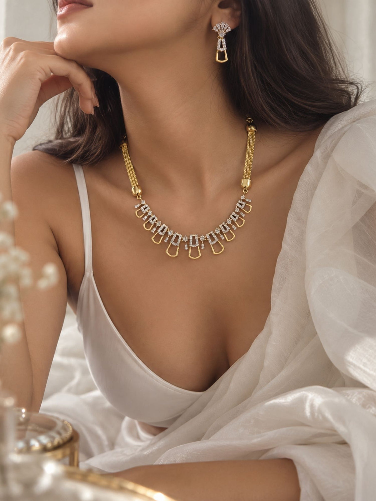 Delicate AD Stone Geometric Drop Necklace Set with Earrings