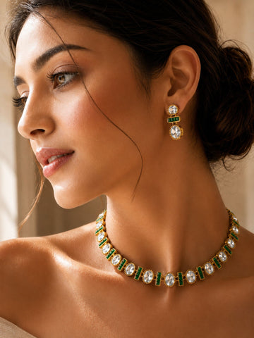 Gold Plated Ruby Emerald Stone Polki Statement Necklace Set for Women | Abdesigns