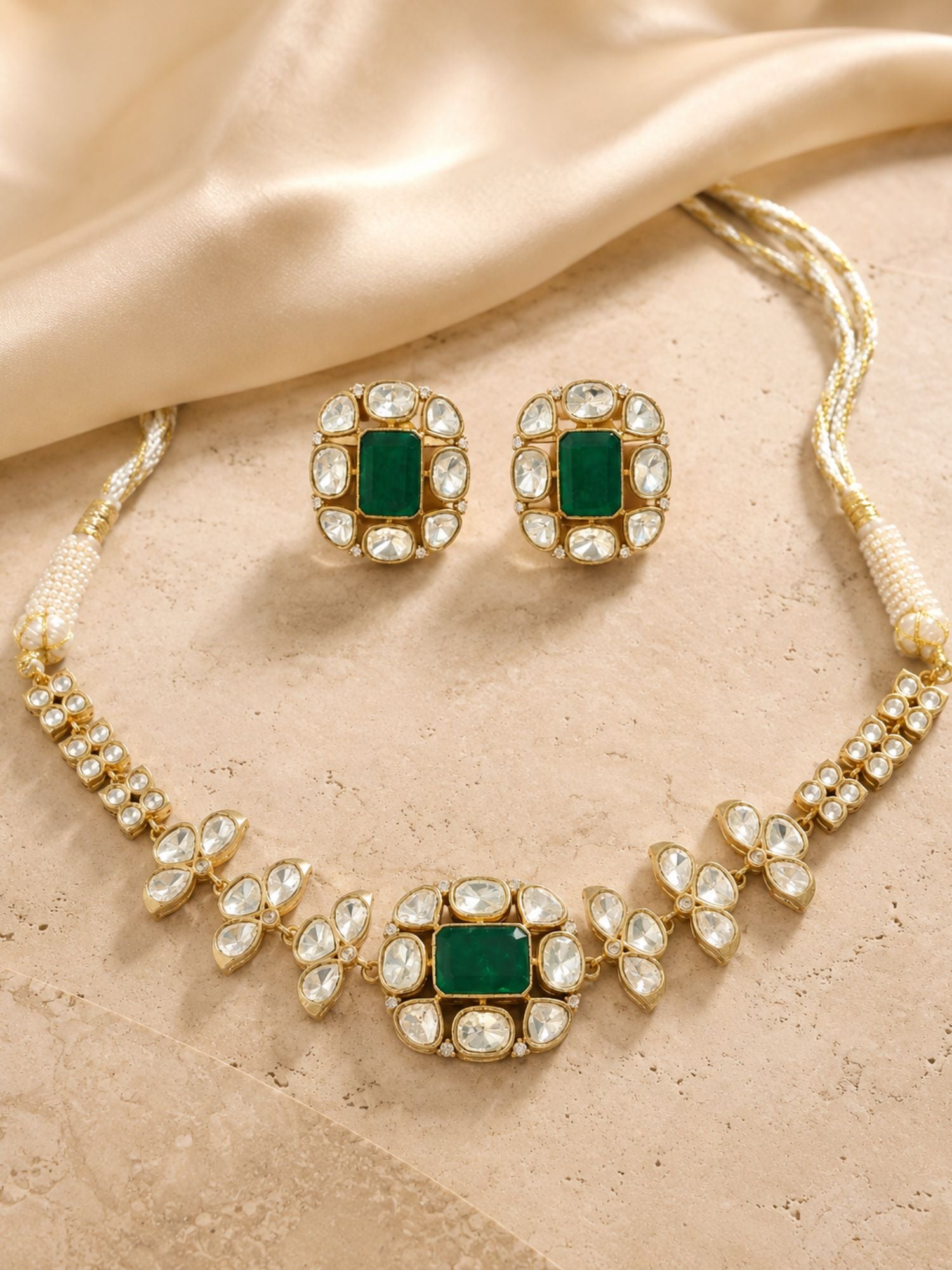 Gold Plated Green Kundan Floral Necklace Set for Women
