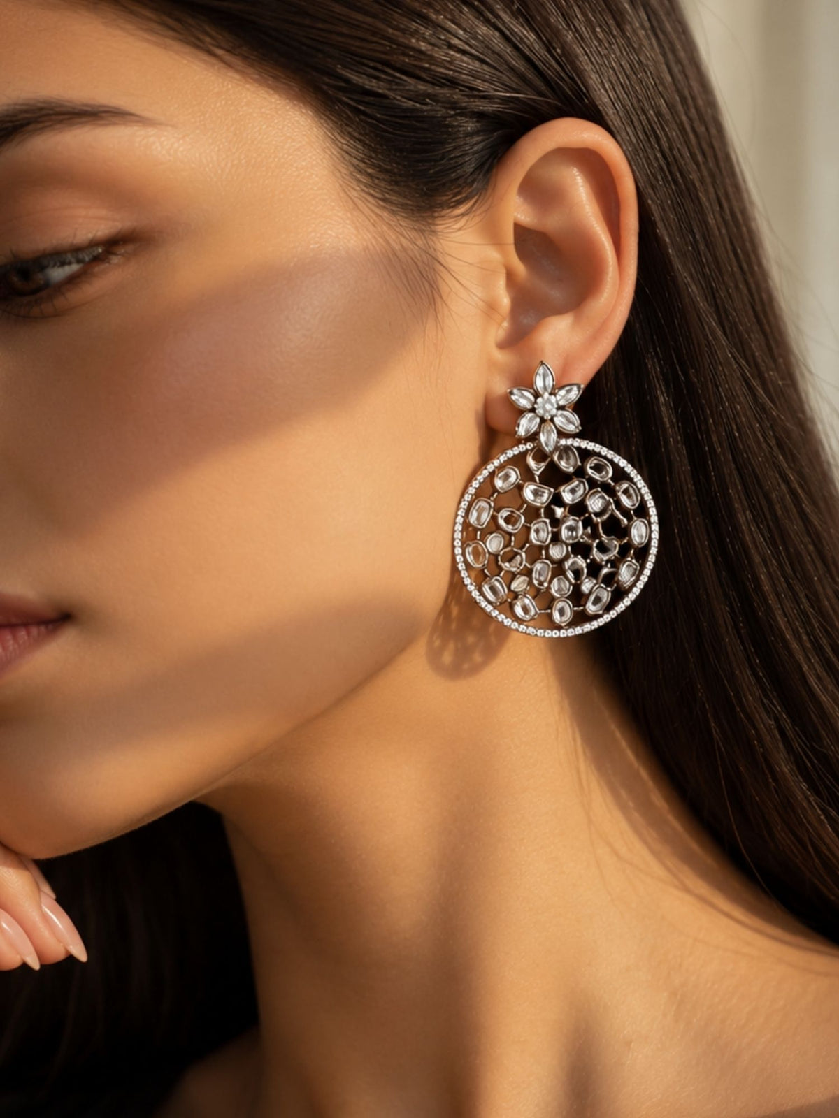Black Rhodium Kundan Polki Floral Statement Earrings | Abdesigns