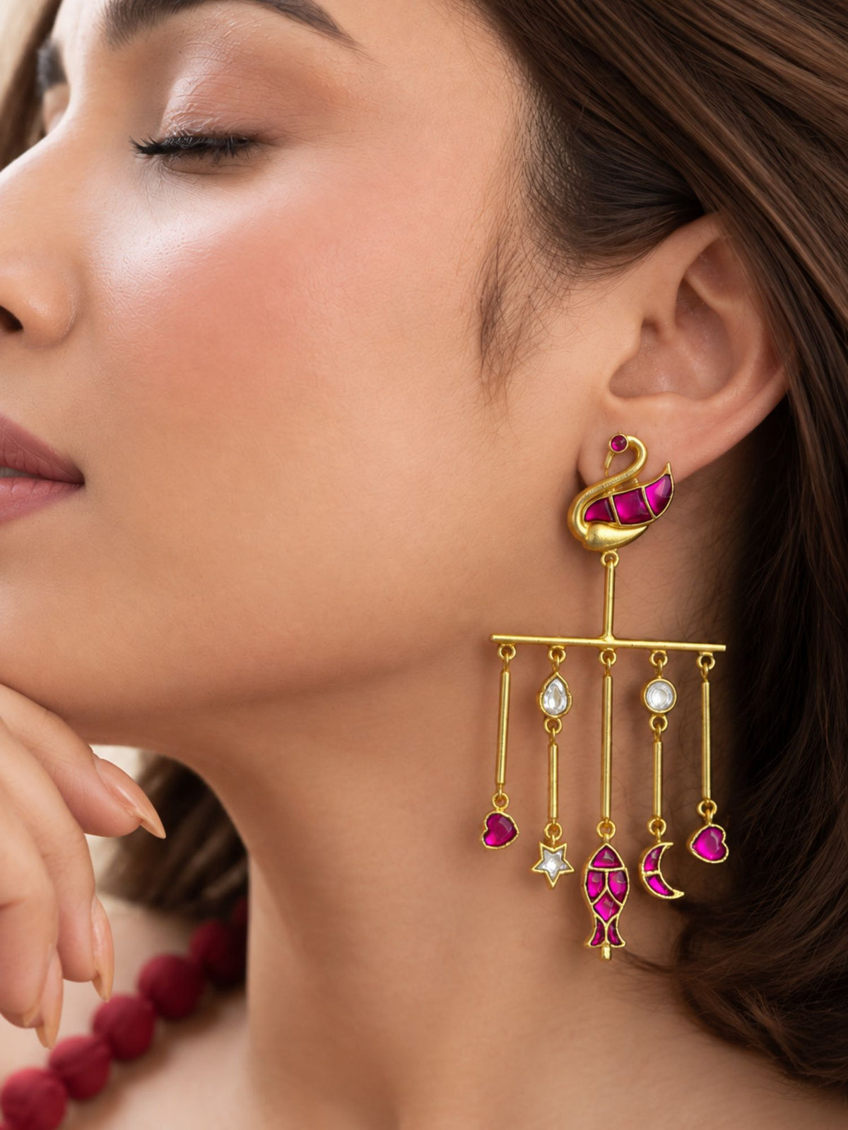 Gold Plated Pink Meenakari Charm Long Statement Earrings for Women