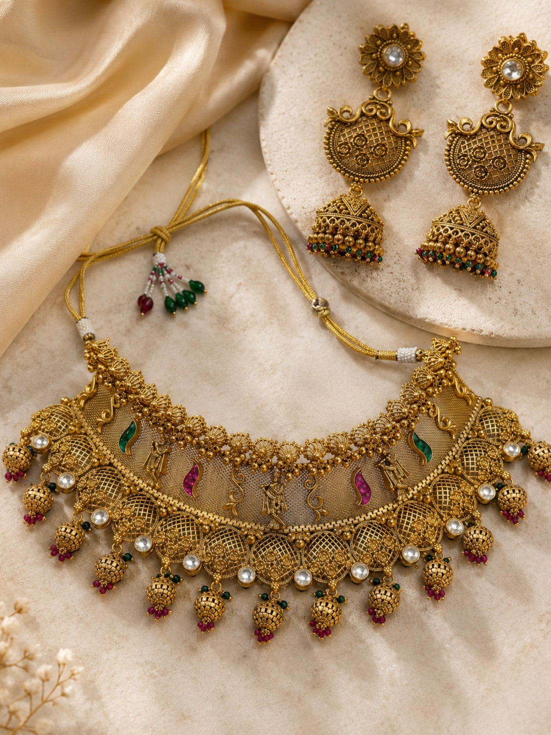 Bridal Antique Temple Choker Necklace Set in Gold Plating | Abdesigns