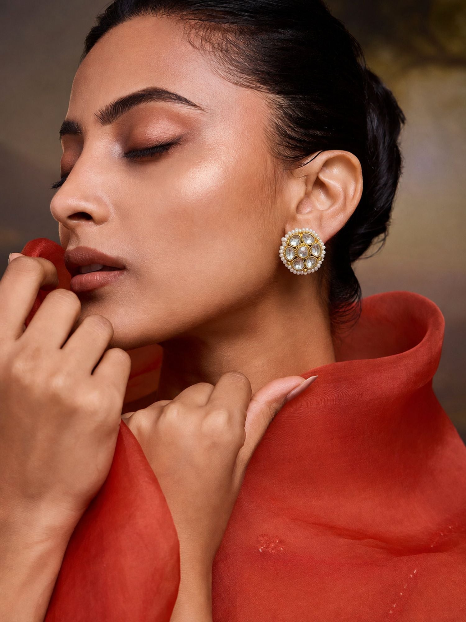 Gold Plated Floral Kundan Pearl Stud Earrings for Women
