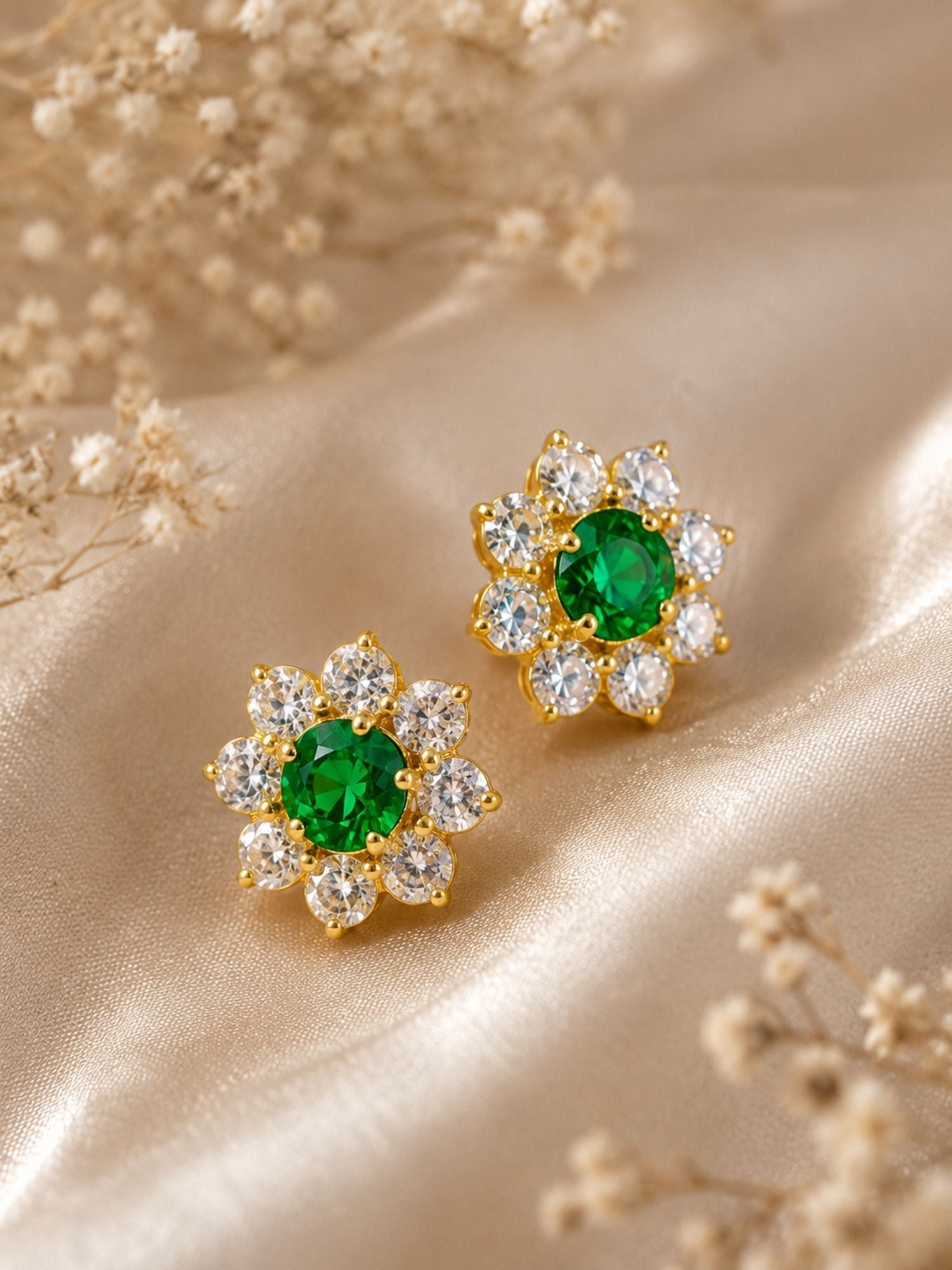925 Sterling Silver Gold Plated Emerald Green Stone Flower Stud Earrings