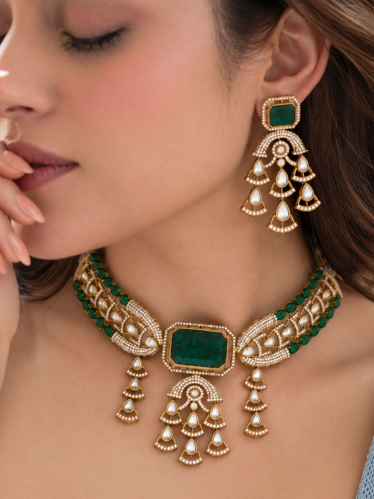 Gold Plated Green Kundan Polki Statement Choker Necklace Set with Earrings