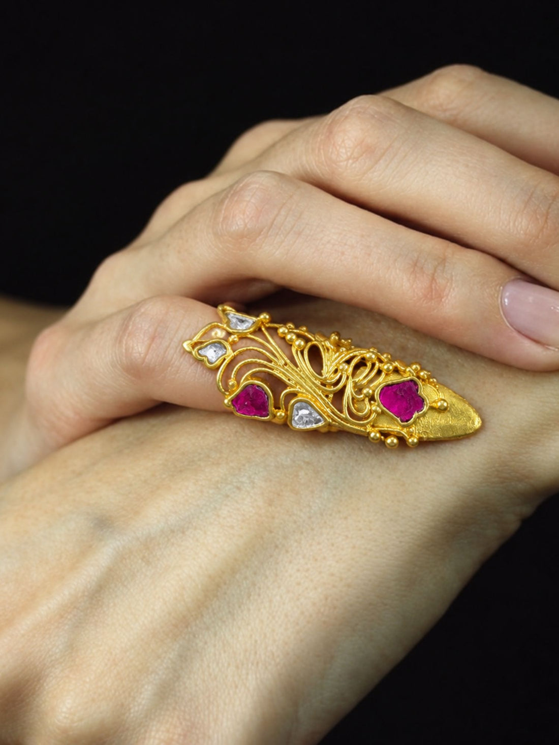 Gold Plated Ruby Kundan Filigree Nail Ring for Women