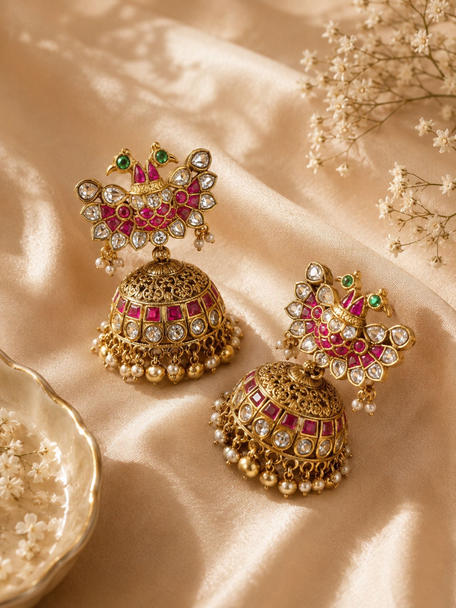 Abdesigns Royal Peacock Kundan Necklace Set with Pearl Layers & Emerald Accents