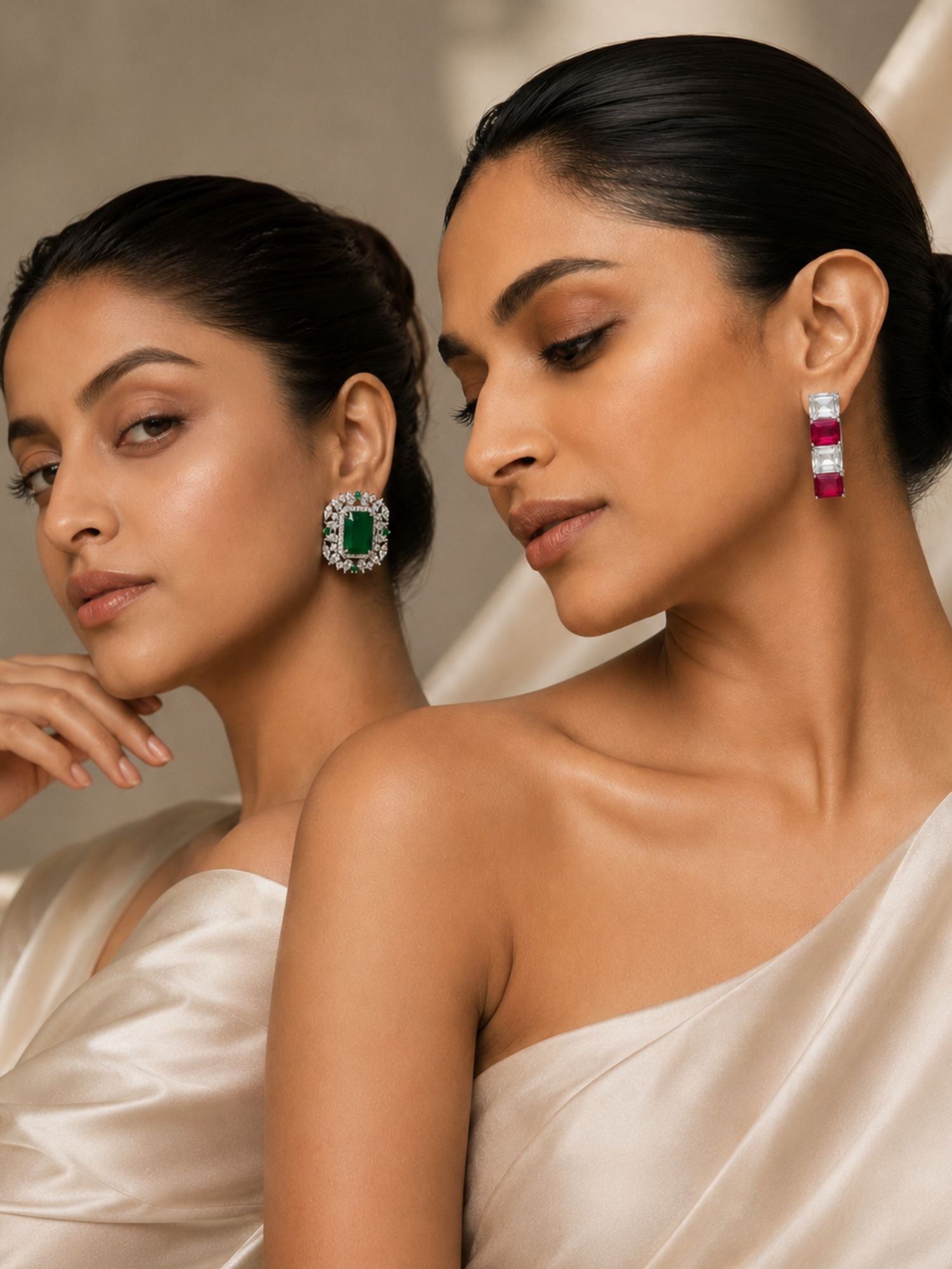 Silver Plated Emerald Green & Ruby Red Designer Earrings Combo