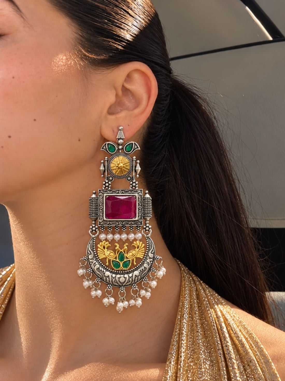 Set of 2 Oxidised Silver Plated Multicolor Stone Pearl Statement Earrings for Women