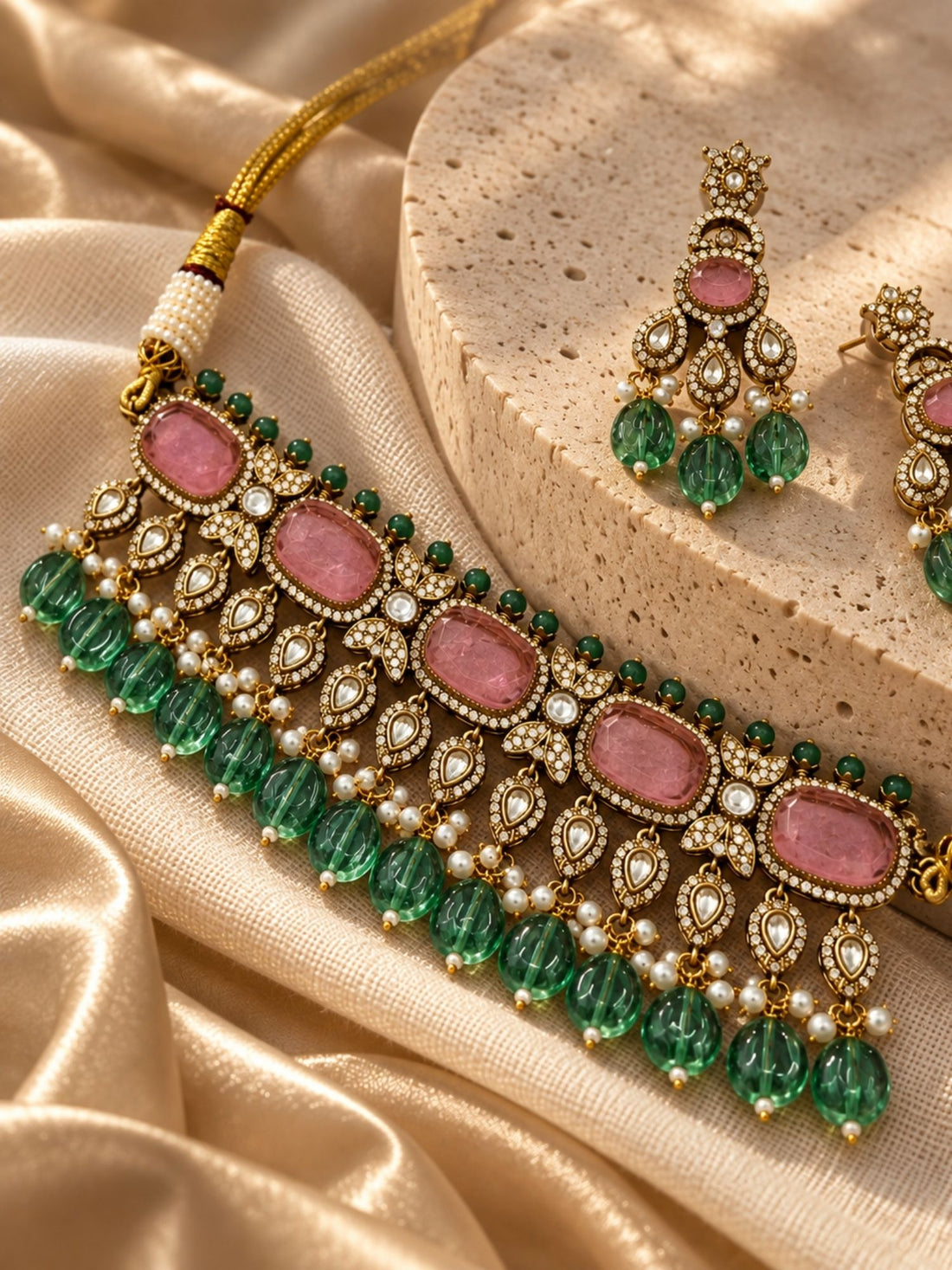Pink Stone Green Bead Kundan Choker Necklace Set with Earrings