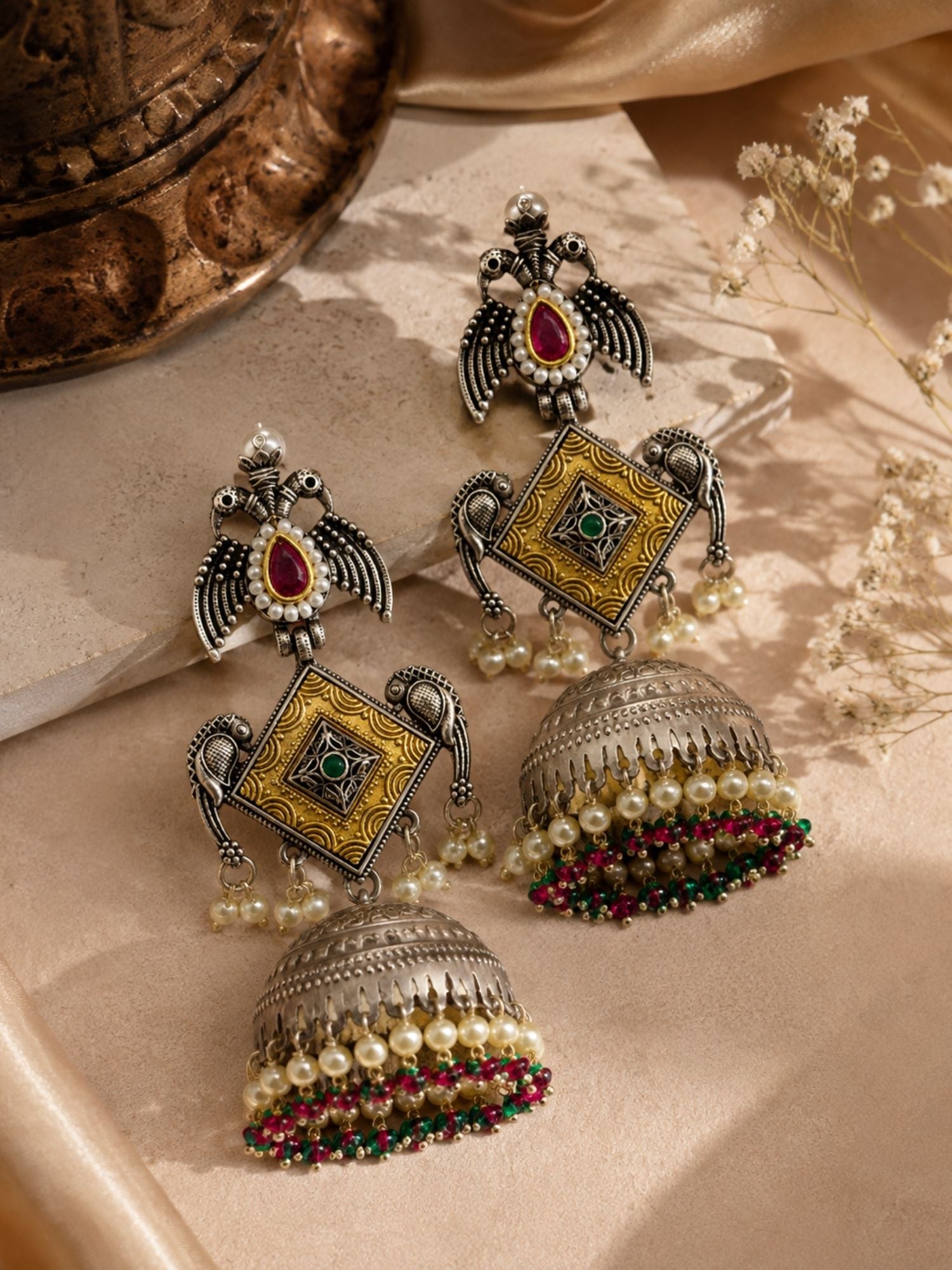 Set of 2 DualTone Multicolor Meenakari German Silver Jhumka Earrings Combo for Women