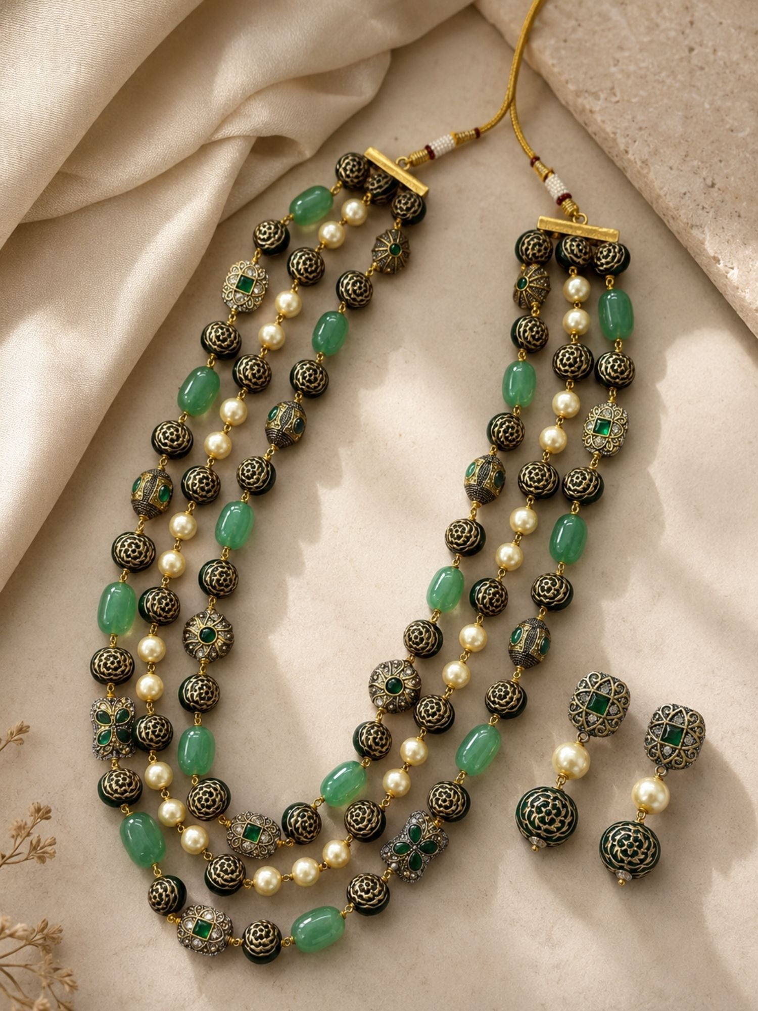 Antique Gold Plated Green Bead Pearl Mala Necklace Set with Earrings
