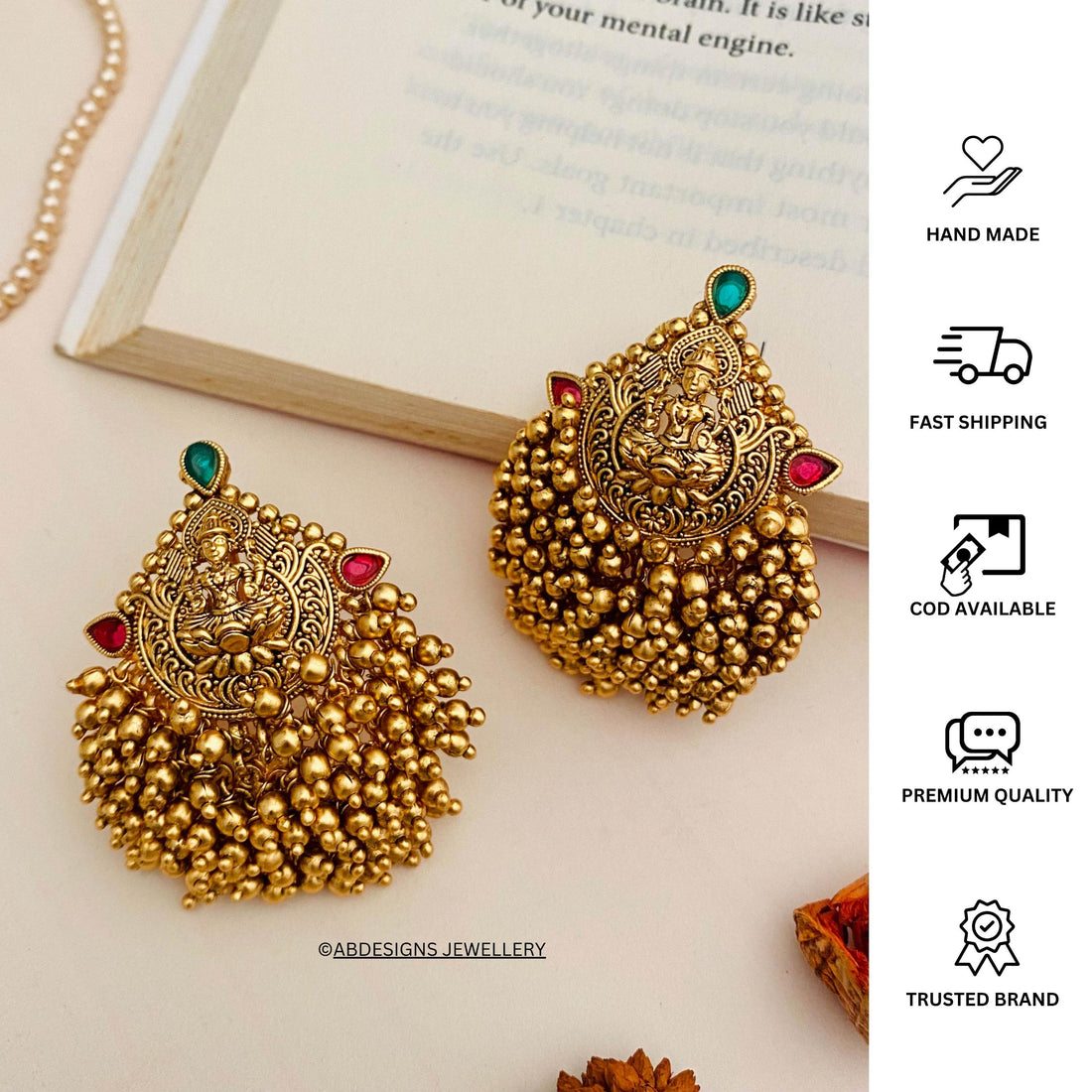 Classic Gold Plated Beaded Temple Cluster Laxmi Earrings - Abdesignsjewellery
