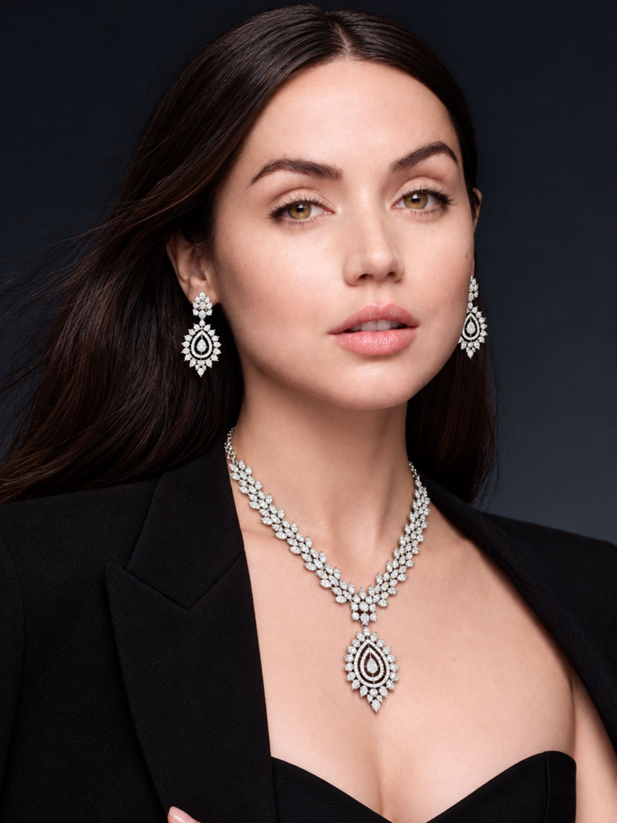 Silver Plated AD Stone Leaf Teardrop Necklace Set with Earrings for Women