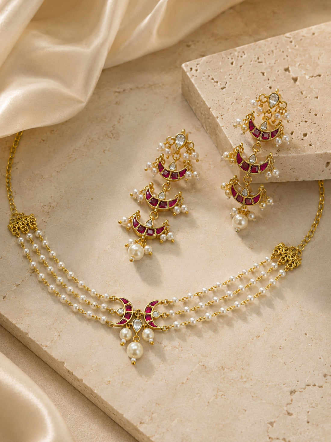 Gold Plated Red Kundan Chand Pearl Choker Necklace Set with Earrings