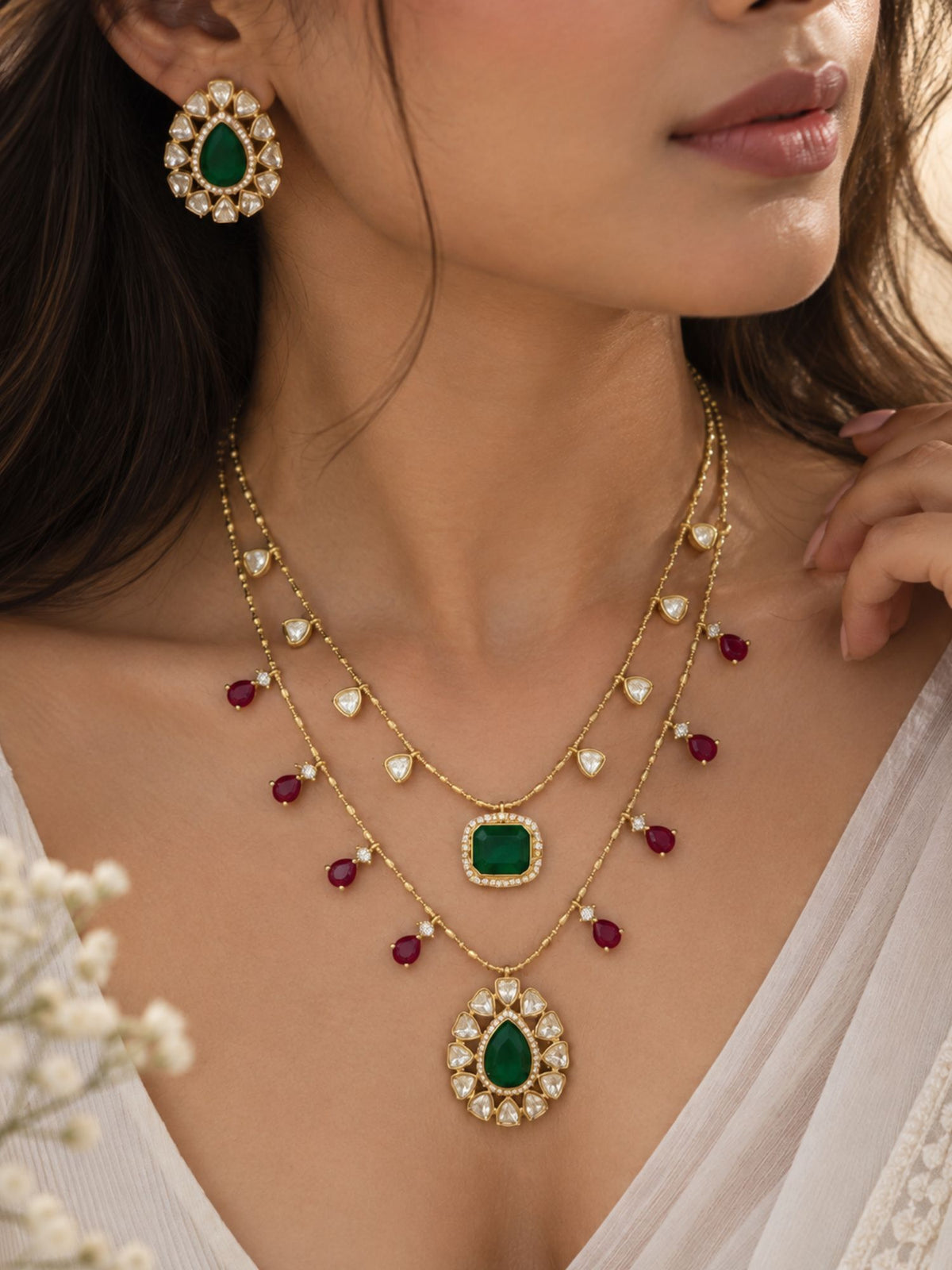 Gold Plated Multicolor Kundan Layered Necklace Set with Earrings
