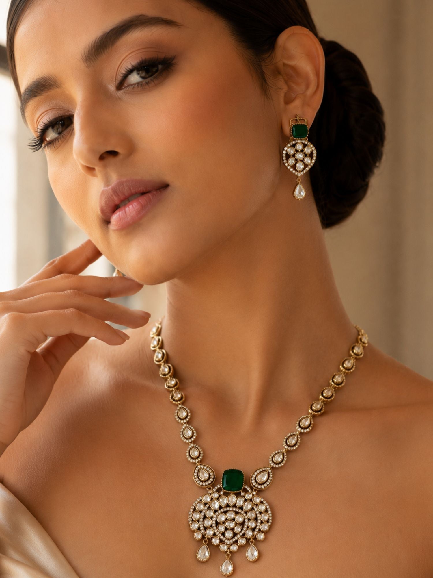 Green Kundan Pendant Necklace Set in Gold Plating | Abdesigns