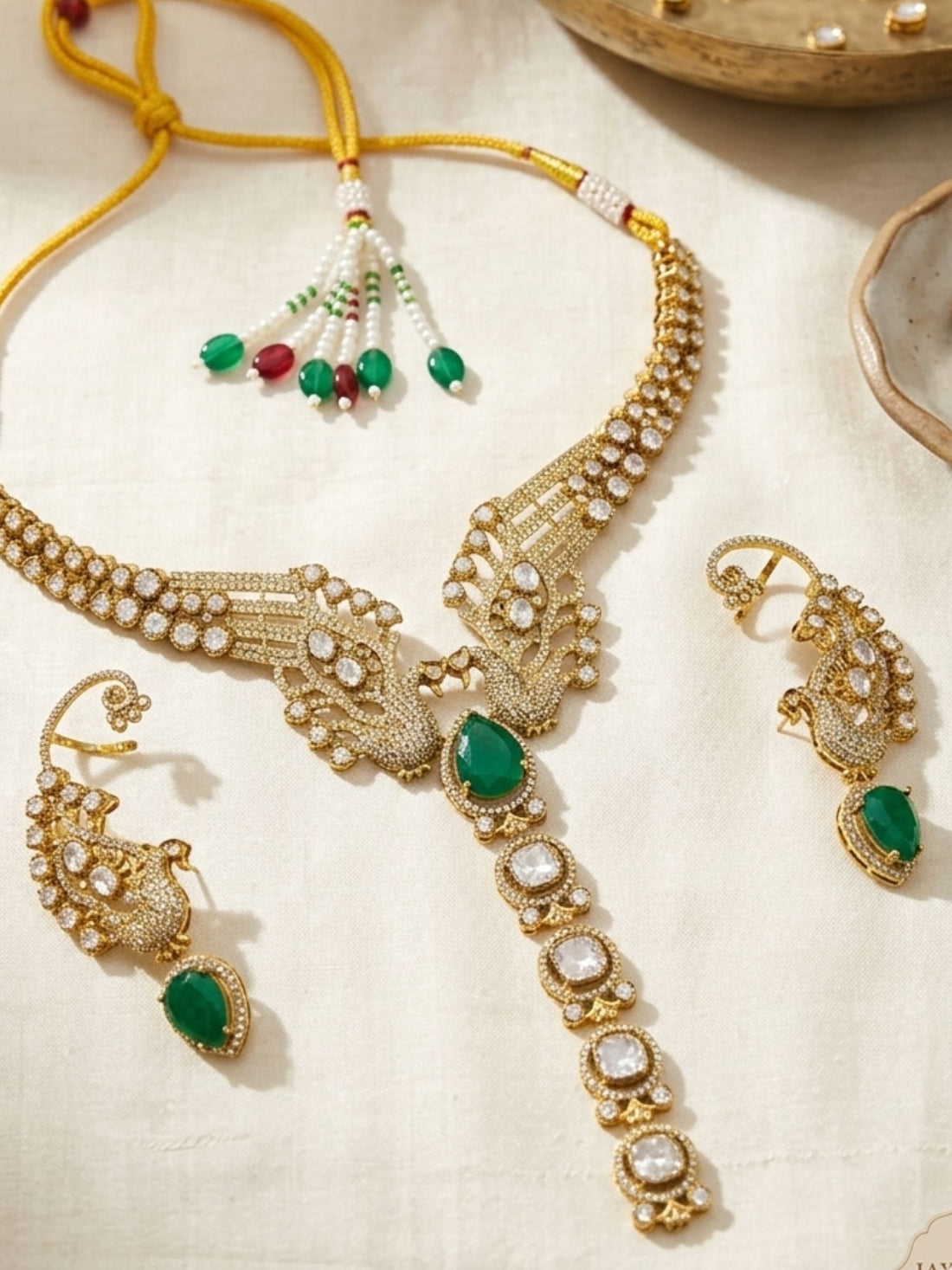 Abdesigns Peacock Design Kundan Necklace Set with Green Stone