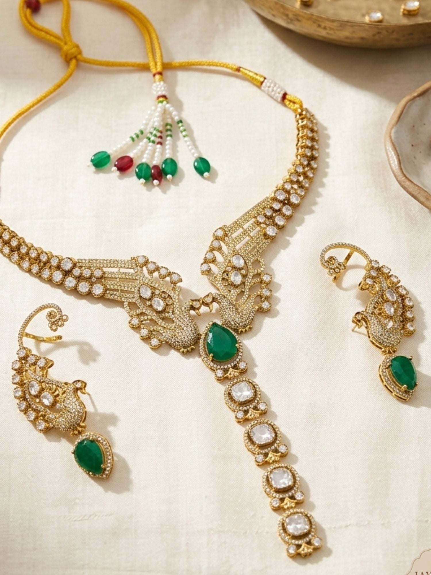 Abdesigns Peacock Design Kundan Necklace Set with Green Stone