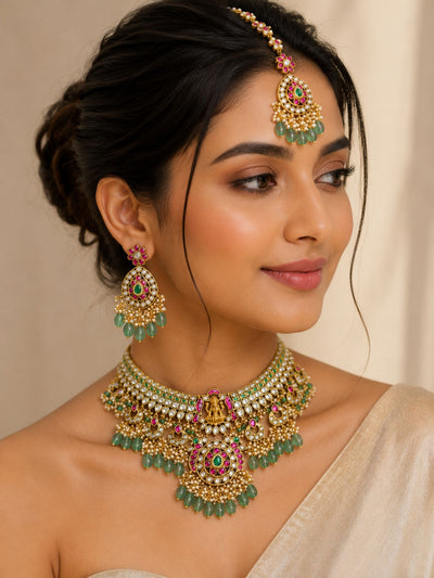 Abdesigns Royal Kundan Bridal Choker Set with Maang Tikka & Green Drops